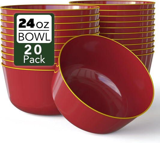 Trendables Burgundy & Gold Rimmed Disposable Bowls - 24 Oz Set of 20 Fancy Plastic Serving Bowls Perfect for Ice Cream, Salad & Candy