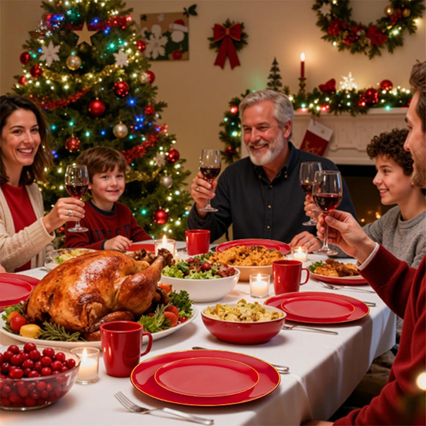 WDF 150Pcs Red Plastic Plates - Red Plates Disposable - 25Guest Christmas Dinnerware Include 25 Dinner Plate, 25 Dessert Plate, 75 Cutlery & 25 9oz Cups for Christmas & Parties