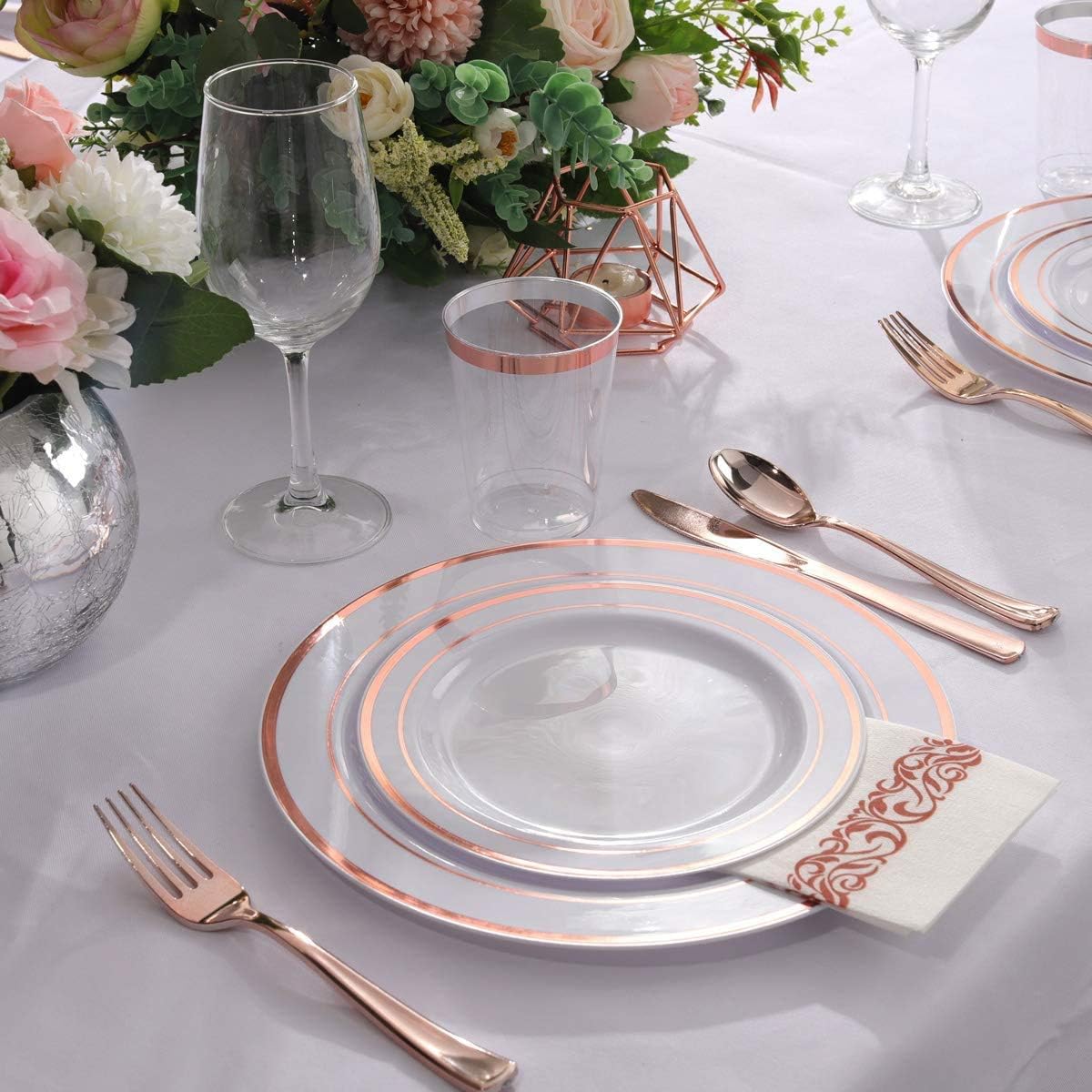 Supernal 400pcs Rose Gold Dinnerware,Rose Gold Plastic Plates,Wedding Decoration,Heavy Duty Disaposable Silverware, Disaposable Rim Cups, Easter Paper Napkins,Suit for Wedding, Birthday,Party