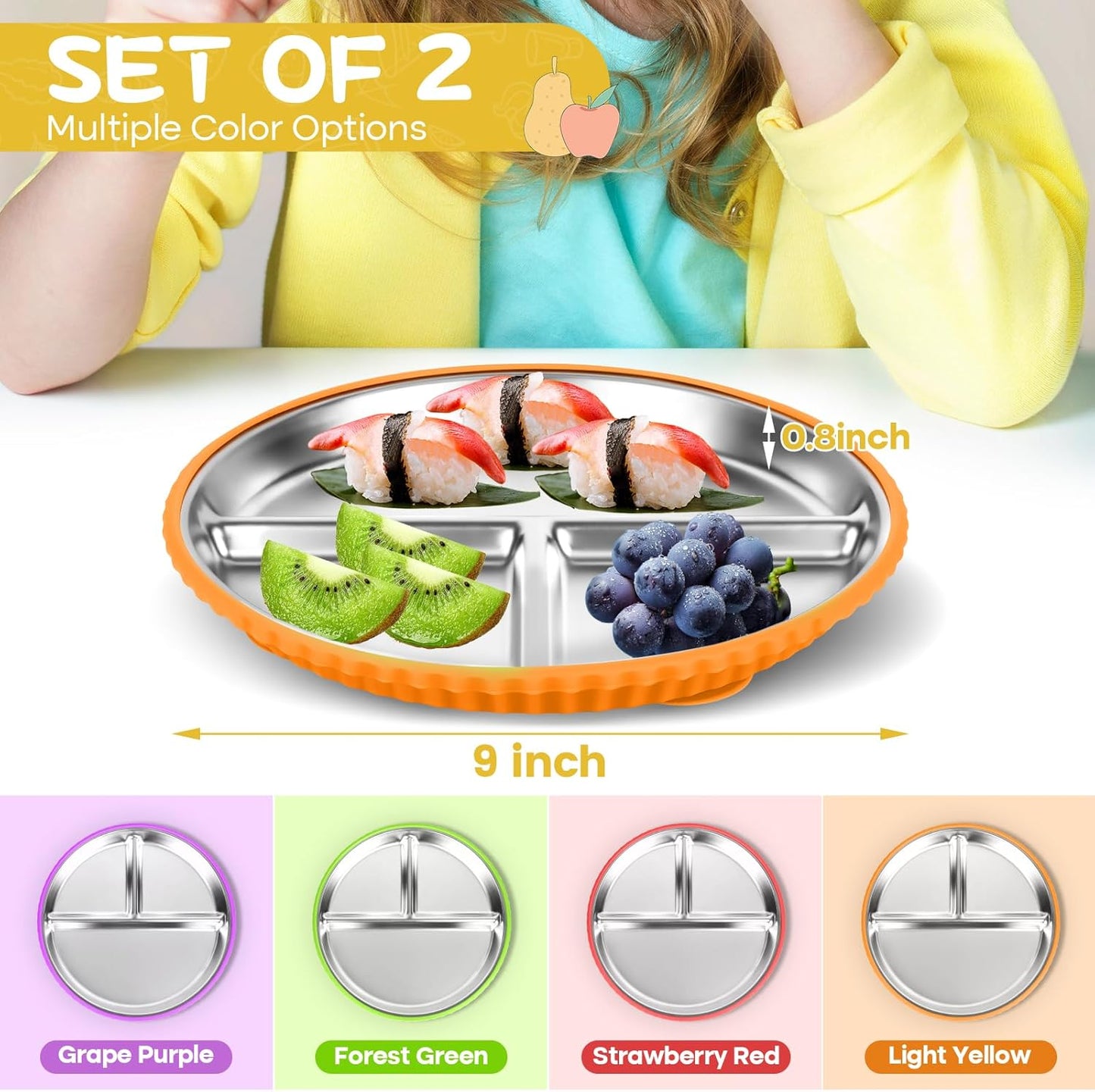 Stainless Steel Toddler Plates with Suction, 2Pack 9" Divided Kids Plates Removable Non Slip Silicone Sleeves Baby Feeding Led Weaning Supplies, BPA Free, Unbreakable Dishwasher Safe