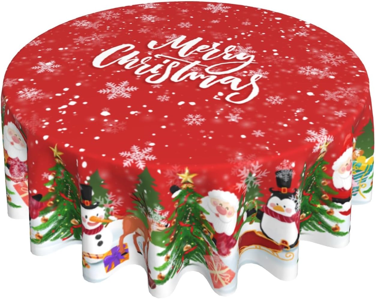 Giwawa Merry Christmas Round Tablecloth 60 Inch Funny Santa Snowman Reindeer Table Cloth for Kitchen Dining Xmas Trees Winter Snowflakes Polyester Table Cover for Holiday New Year Picnic Decor