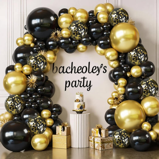 Black and Gold Balloon Arch Kit, 144pcs Black and Gold Balloons Metallic Gold Confetti Balloons Different Sizes 18/12/10/5in for Birthday Wedding New years Graduation Masquerade Party Decorations