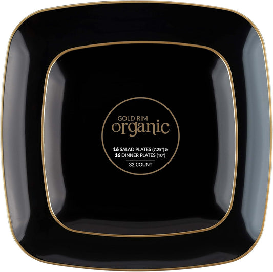 PLASTICPRO Square 64 Piece Combo Plates Set includes 32 x 7'' inch Plates & 32 x 10'' inch Dinner Plates Black Plastic with Gold Rim Design Party Plates, Premium heavyweight, Tableware,