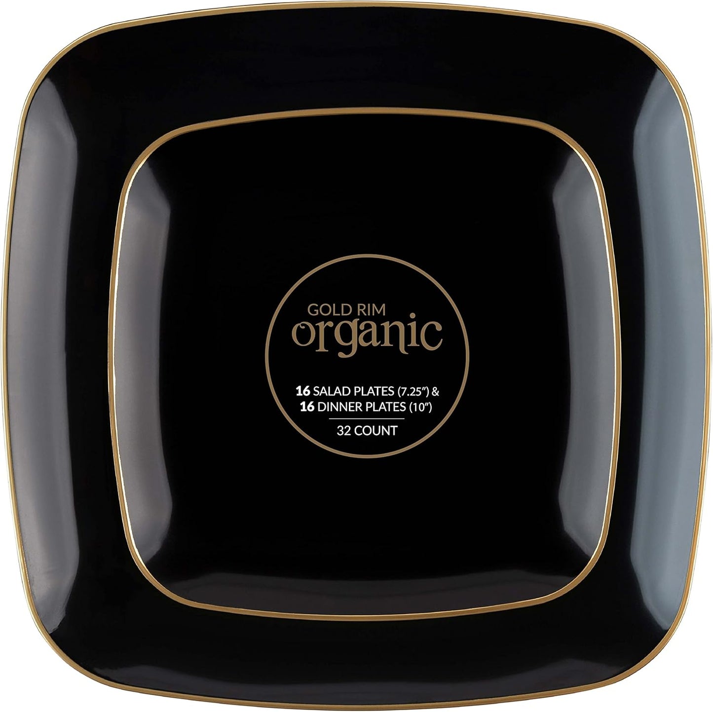 PLASTICPRO Square 32 Piece Combo Plates Set includes 16 x 7'' inch Salad Plates & 16 x 10'' inch Dinner Plates Black Plastic with Gold Rim Design Party Plates, Premium heavyweight Elegant,