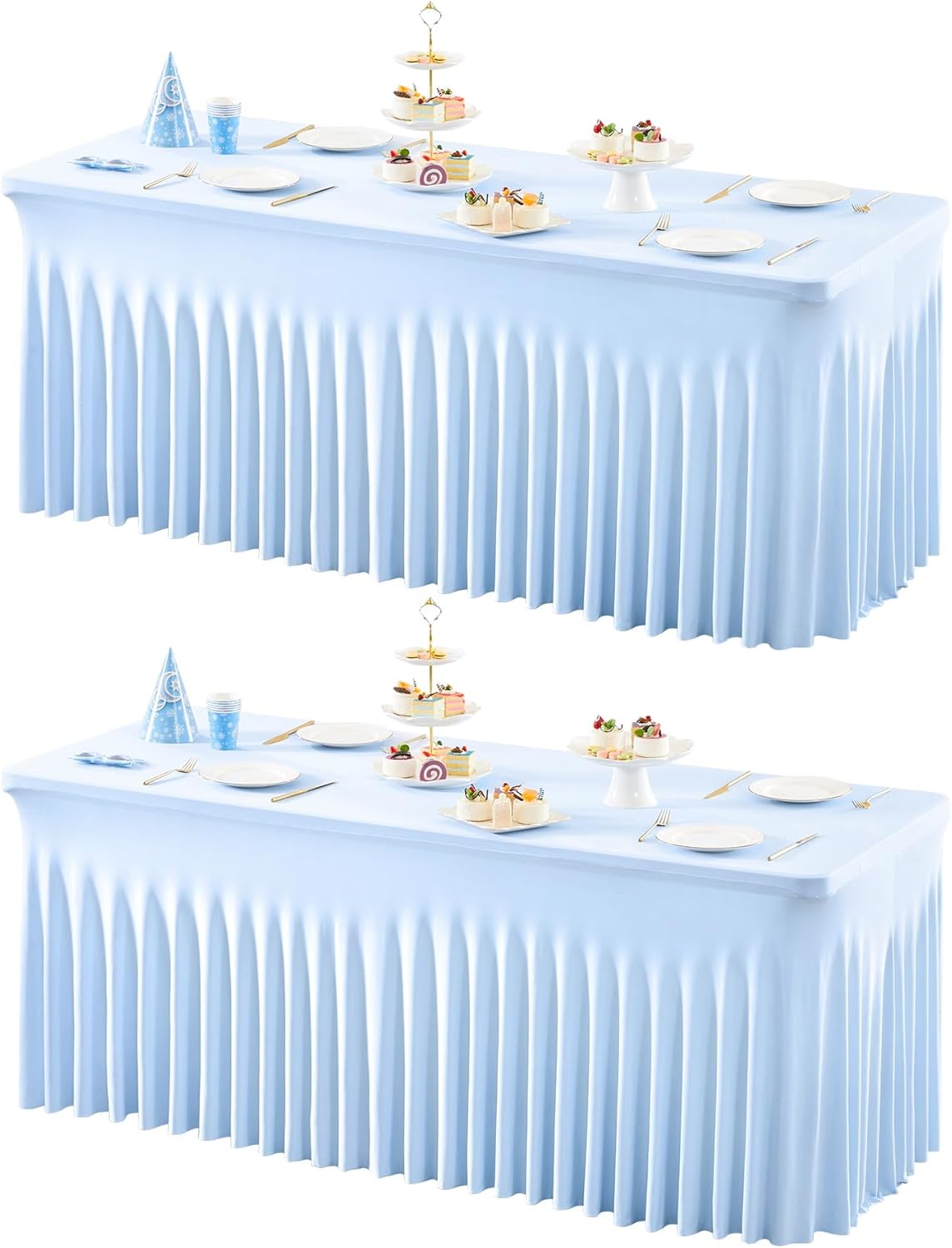 2 Packs Baby Blue Table Clothes for 6 Foot Rectangle Tables, One-Piece Wrinkle Resistant Stretch Spandex Table Covers with Skirt for Event Banquet Wedding Birthday Party