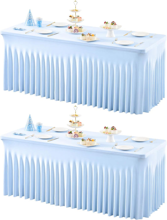 2 Packs Baby Blue Table Clothes for 6 Foot Rectangle Tables, One-Piece Wrinkle Resistant Stretch Spandex Table Covers with Skirt for Event Banquet Wedding Birthday Party