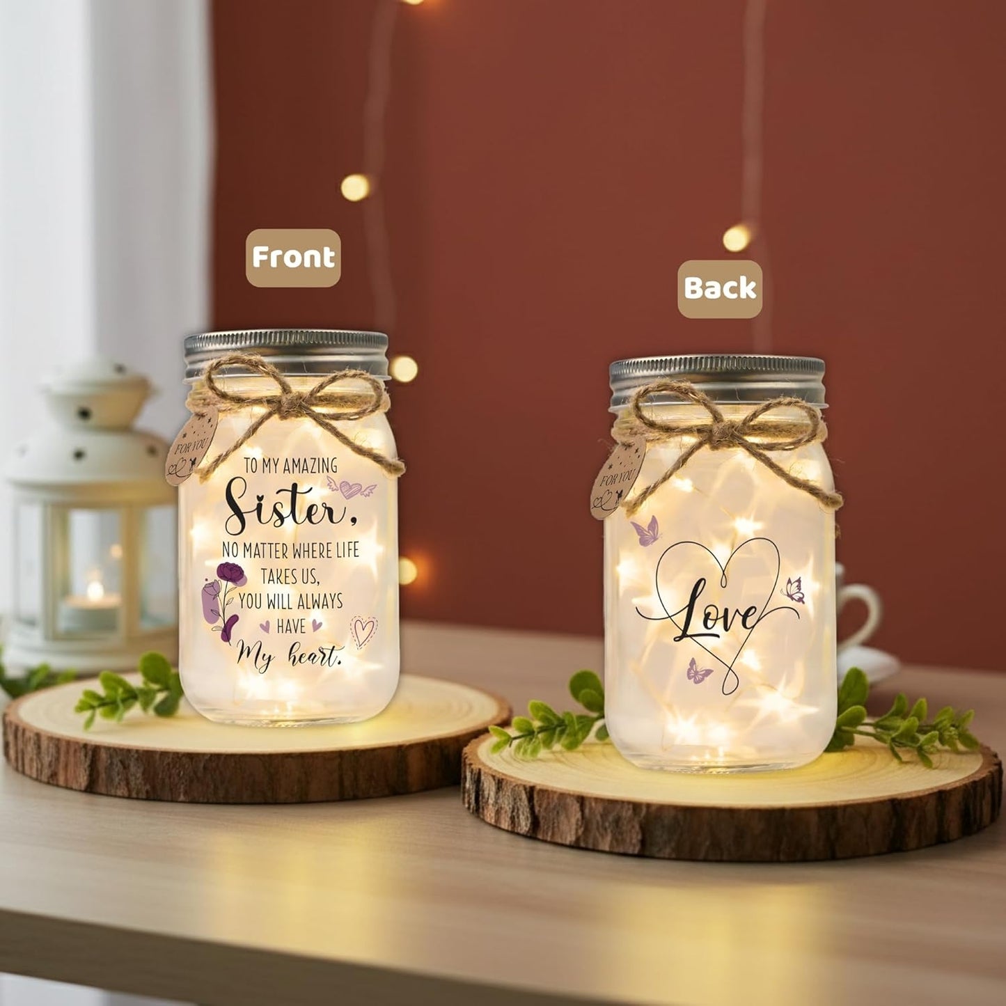 SOLMAY Sister Gifts Mason Jar Night Light – Unique Birthday & Christmas Gift for Sister– Sentimental Decorative Lamp from Sibling or Brother with Warm LED Fairy Lights