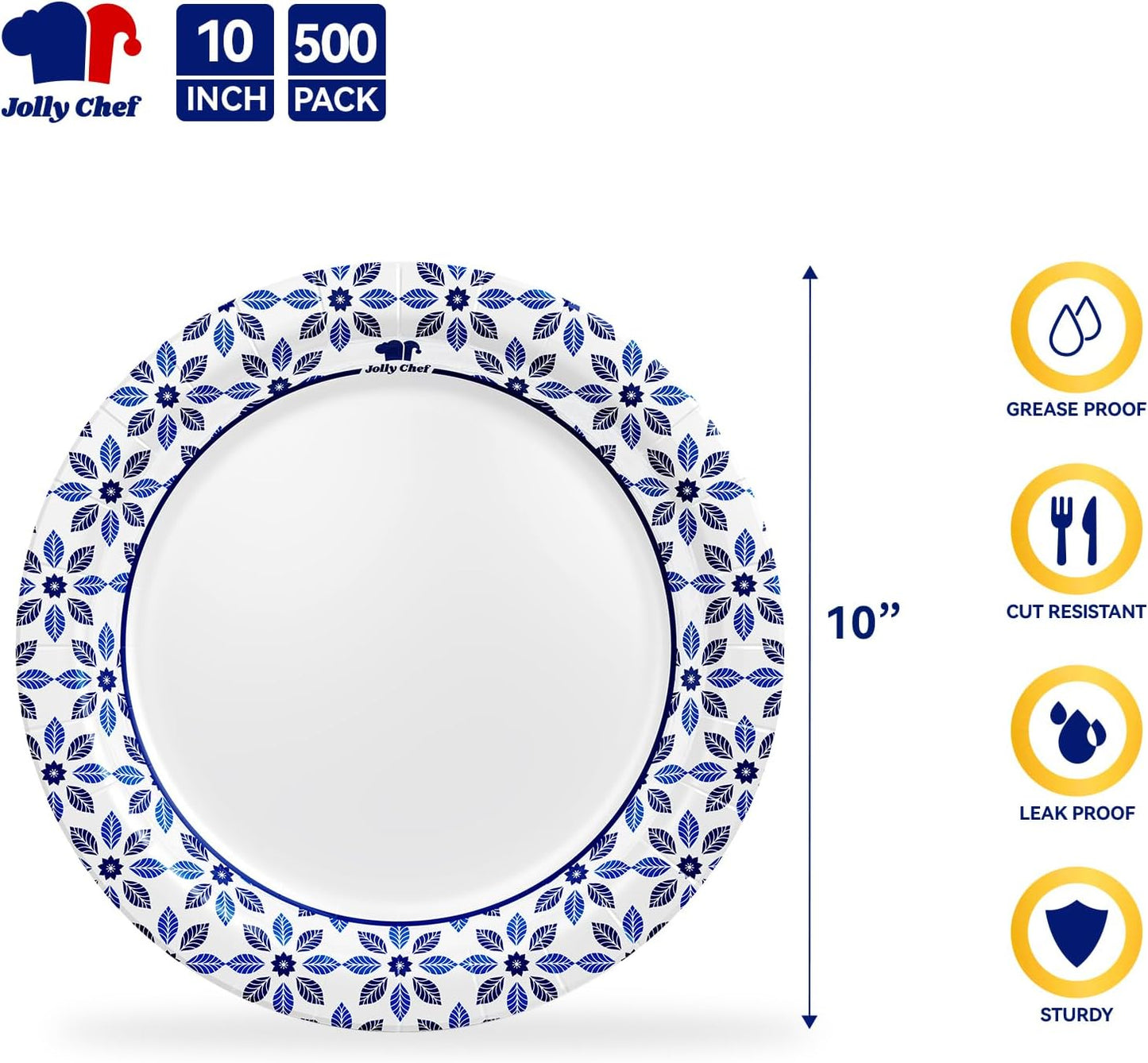 JOLLY CHEF 10 inch Disposable Paper Plates 500 Count, Soak Proof, Cut Proof, Heavy Duty Paper Plates for Thanksgiving or Everyday Use