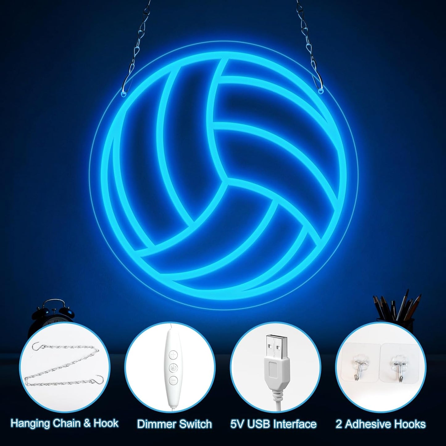 Volleyball Neon Sign, LED Volleyball Neon Light Sign for Wall Decor, Dimmable USB-Powered with ON/OFF Switch for Bedroom, Living Room, Game Room, Club, Kids' Holiday Gifts