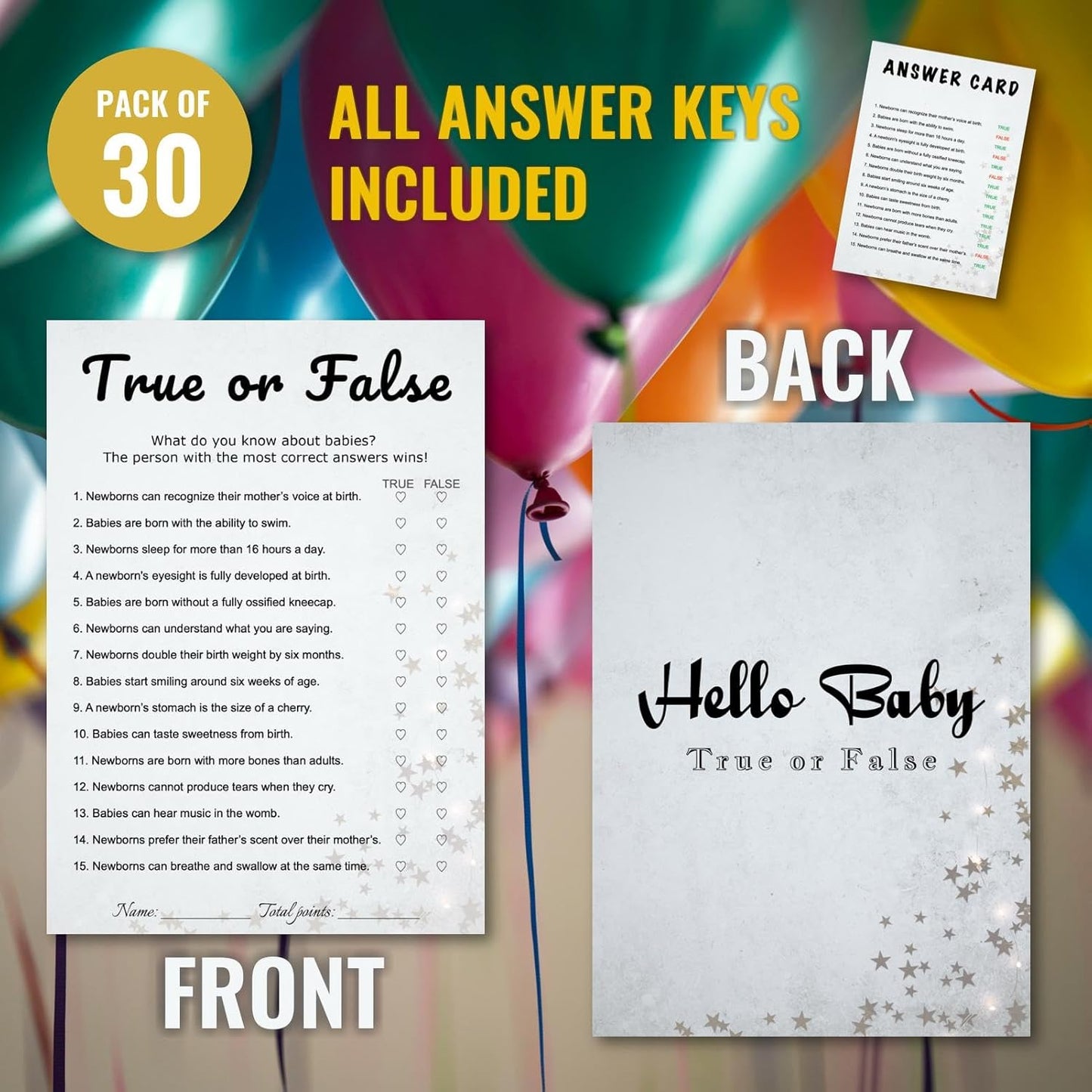 Baby Shower True or False Trivia Game Cards - 30 Player Minimalist Party Game Kit, Light Gray Stars Design, Ready to Play with Answer Keys, 5x7 Inch (True or False)