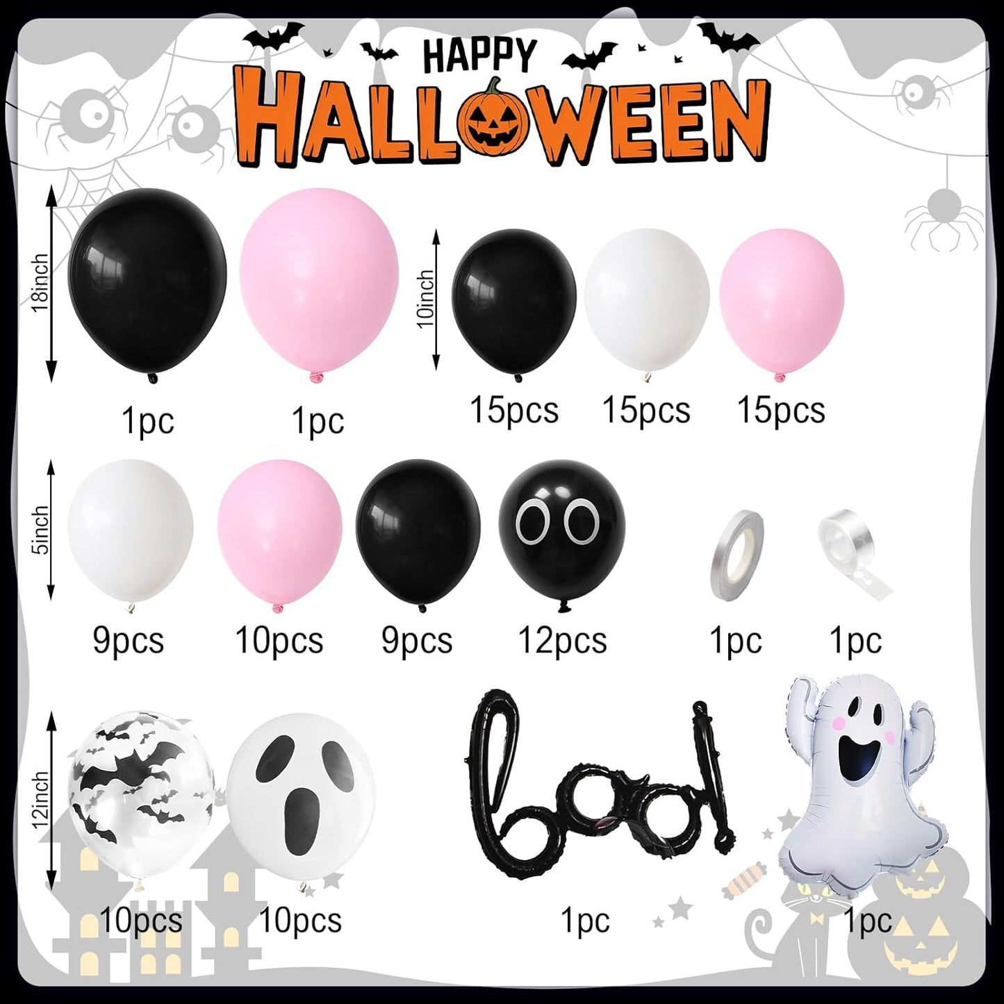 Halloween Balloon Arch Kit, Black Pink Balloons Garland Arch Kit with Large Ghost and BOO Foil Balloon, Eyes Bat Ghost Printed White Balloons For Halloween Decorations Home Garden Party Supplies