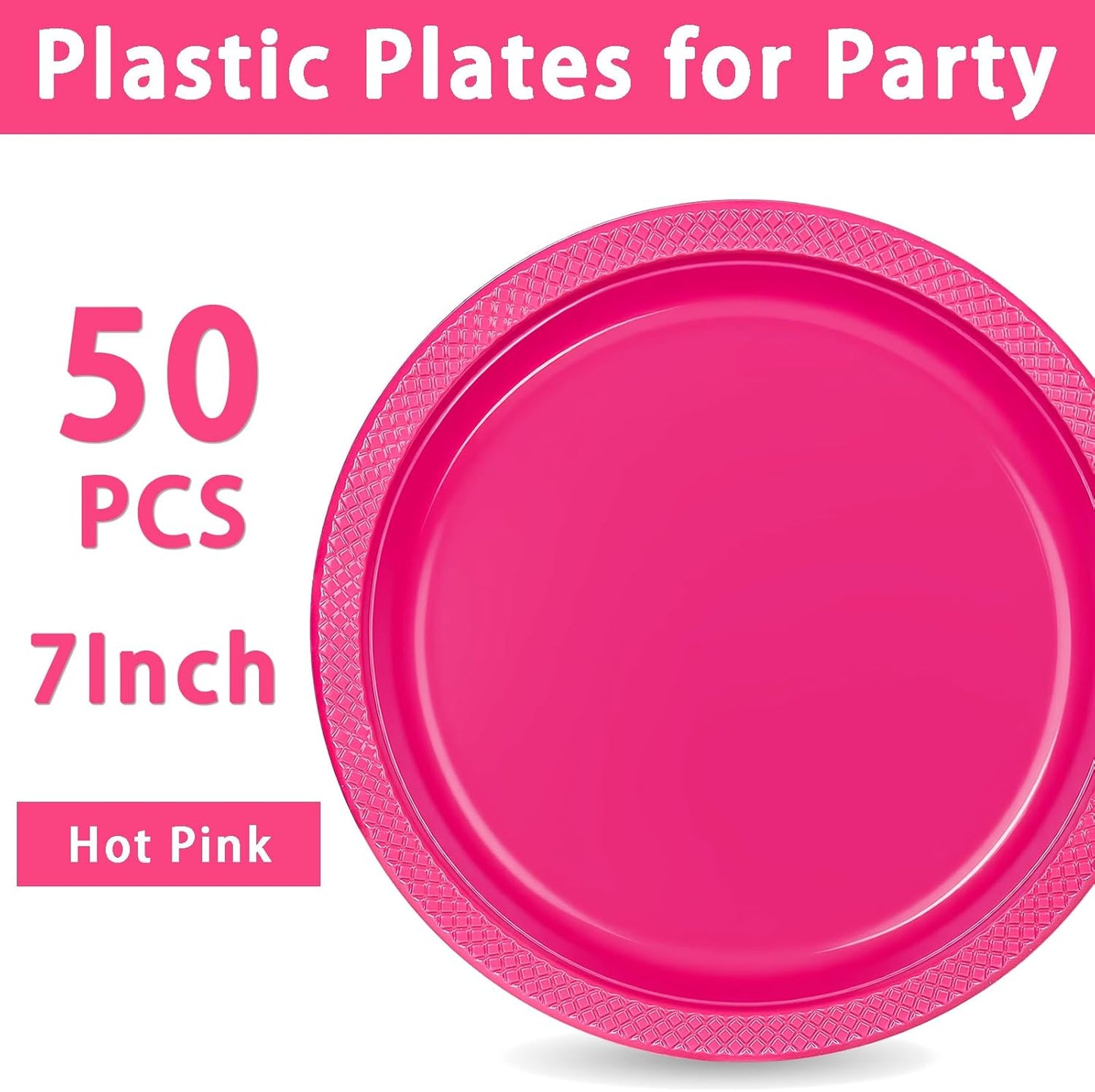 WELLIFE 7 Inch Plastic Plates Hot Pink 50 Count Disposable Plate for Party, Dessert Small Plates for Dinner Cake Salad Supplies Birthday