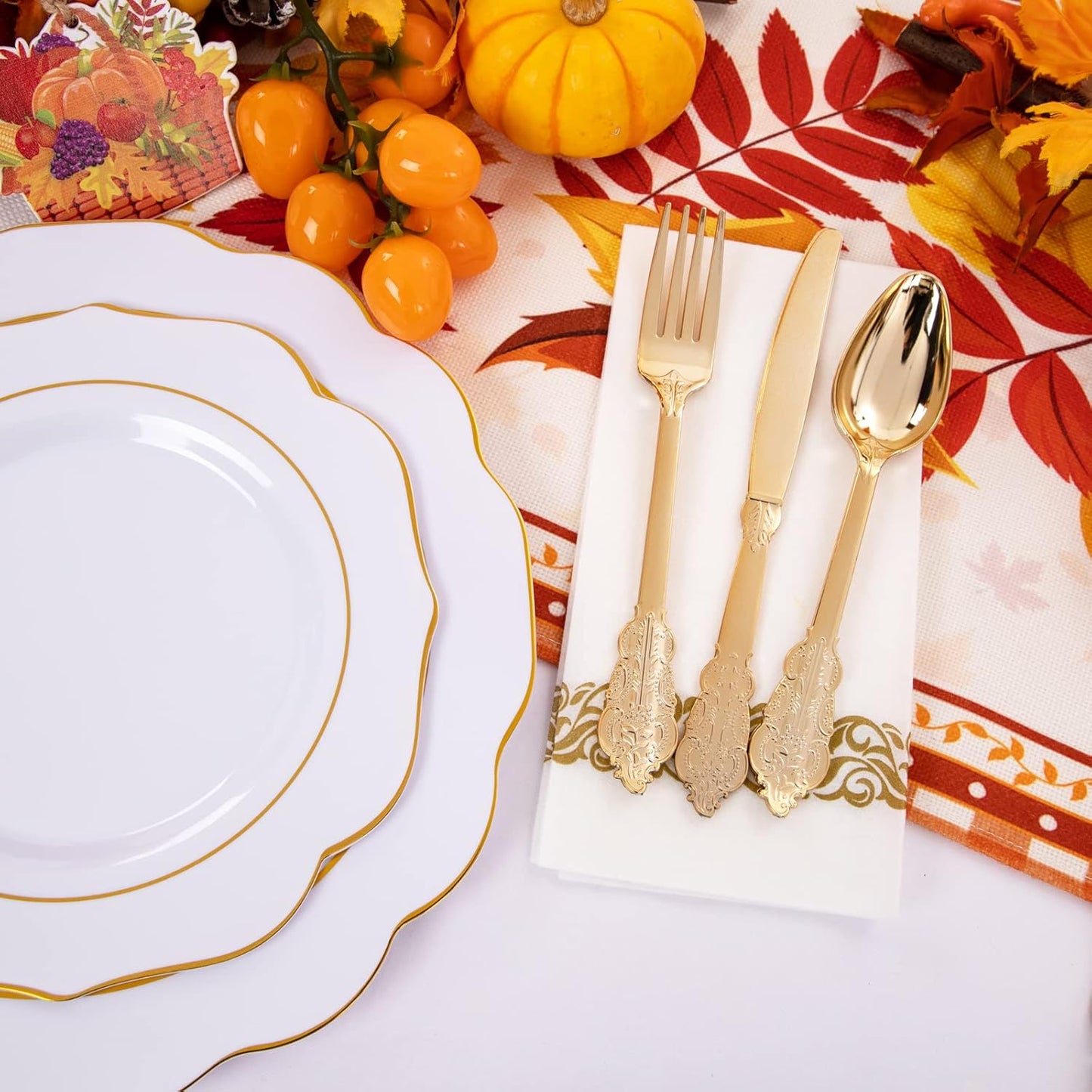 NOCCUR 175PCS Gold Plastic Plates with Disposable Silverware - White Gold Plastic Tableware Include 25 Dinner /25 Dessert Plates, 75 Cutlery, 25 Cups, 25 Napkins - Ideal for Fall Party&Thanksgiving