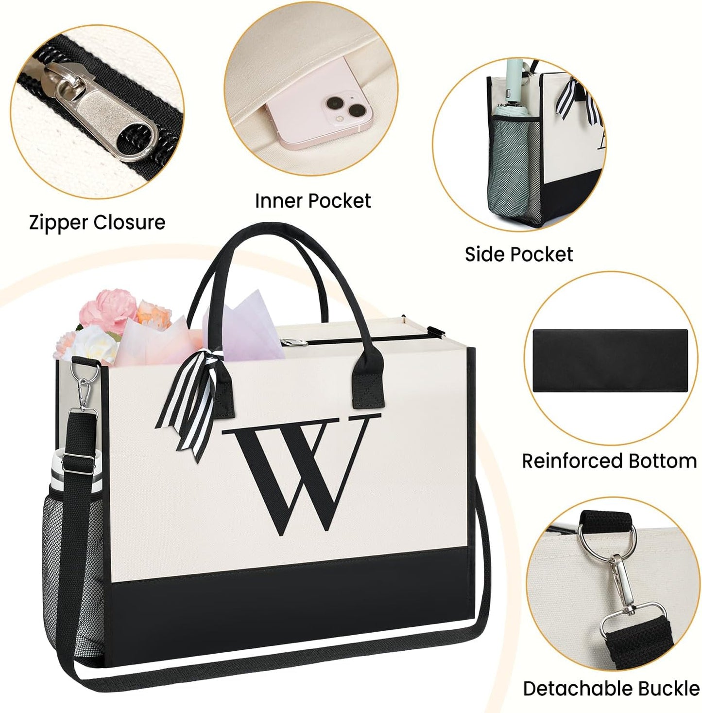 BAGAIL Initial Tote Bag, Personalized Birthday Gifts for Women, Teacher, Friends, Mom, Wedding, Monogrammed Beach Bag