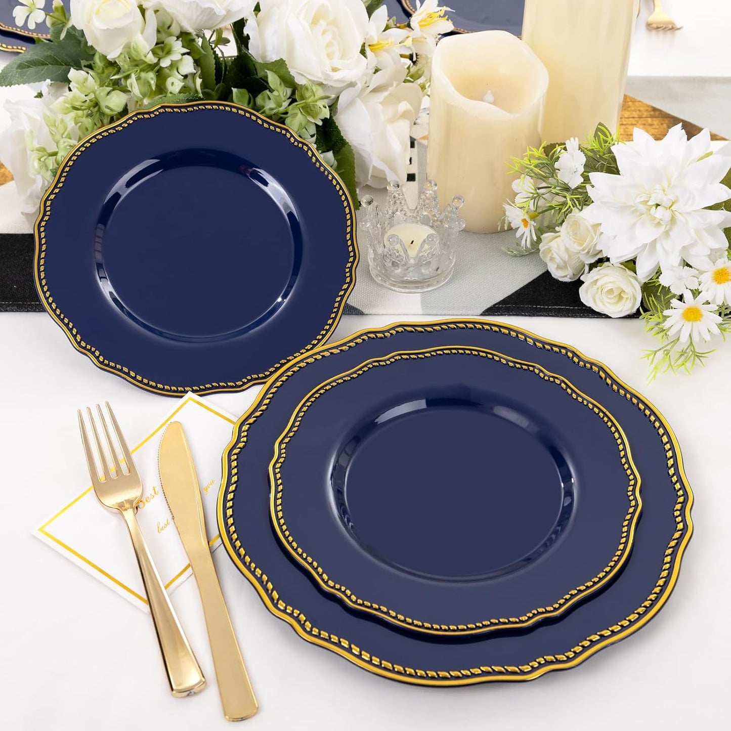 Hioasis 60pcs Blue Plastic Plates - Blue and Gold Disposable Dinnerware with Gold Rim, Heavy-duty, 7.5 inch, Dessert Plates for Party & Wedding