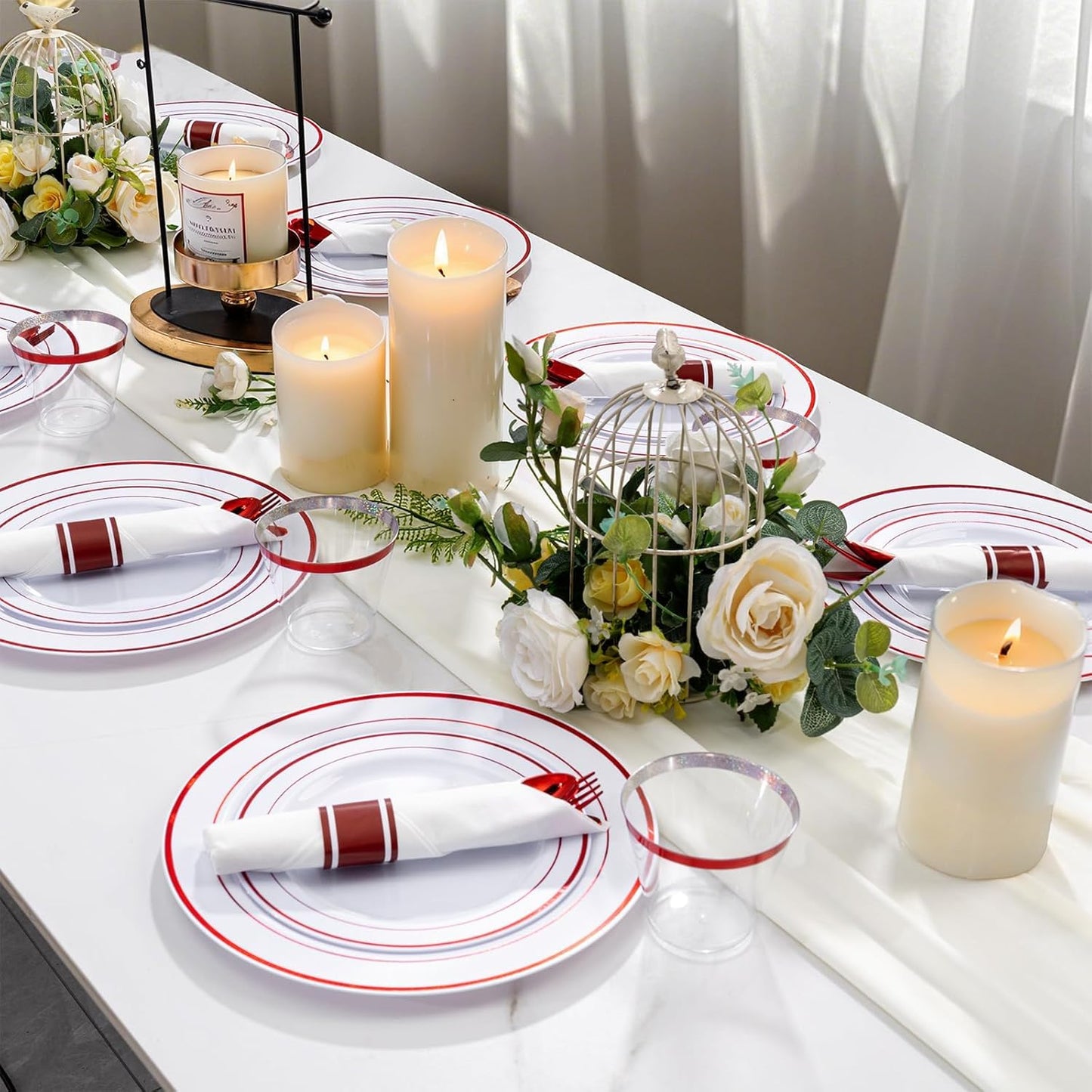 WELLIFE 700 Pieces Red Plastic Plates - Disposable Silverware and Cups, Include: 100 Dinner Plates 10.25”, 100 Dessert Plates 7.5”, 100 Red Cups 9 OZ, 100 Plastic Cutlery