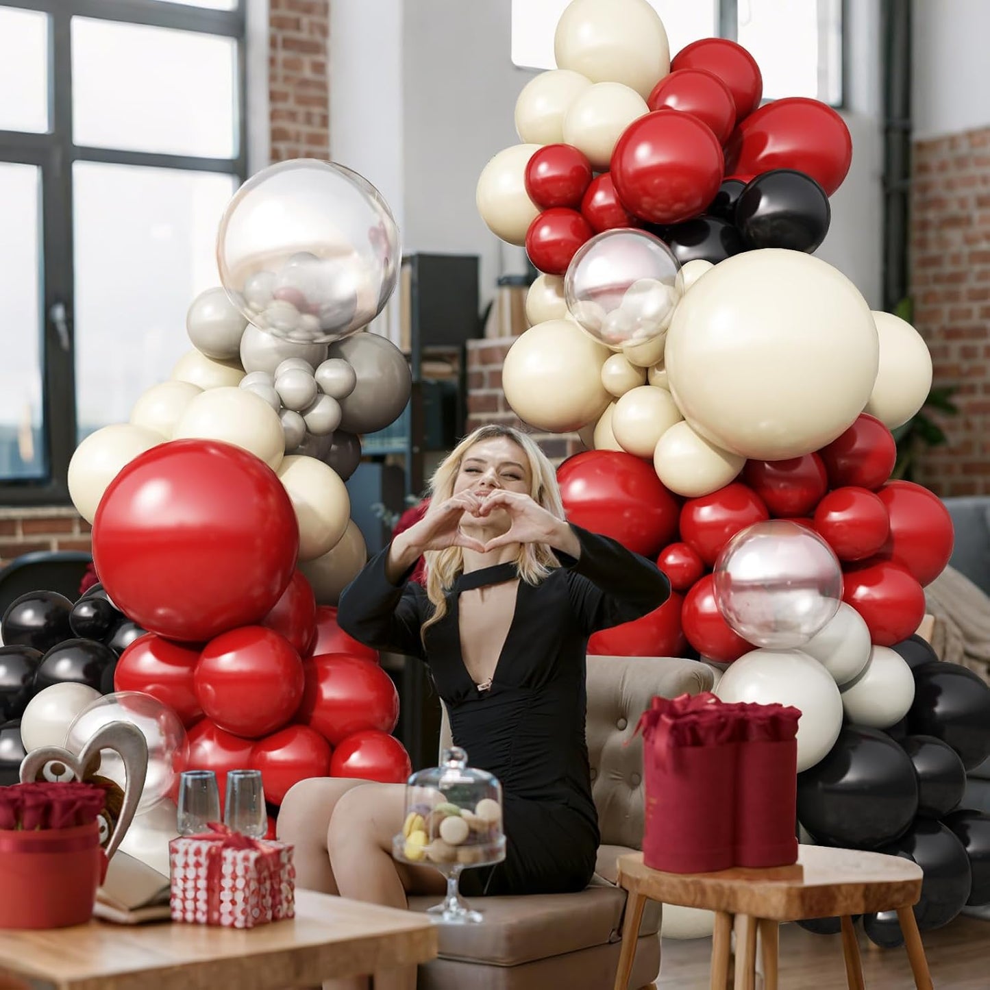 Ruby Red and Black Balloons Arch Kit, 124 Pcs Cartoon Birthday Decorations Balloon Garland, Black Dark Red Grey Nude Clear Balloons for Mouse 1st Birthday Clubhouse Decorations Party Supplies