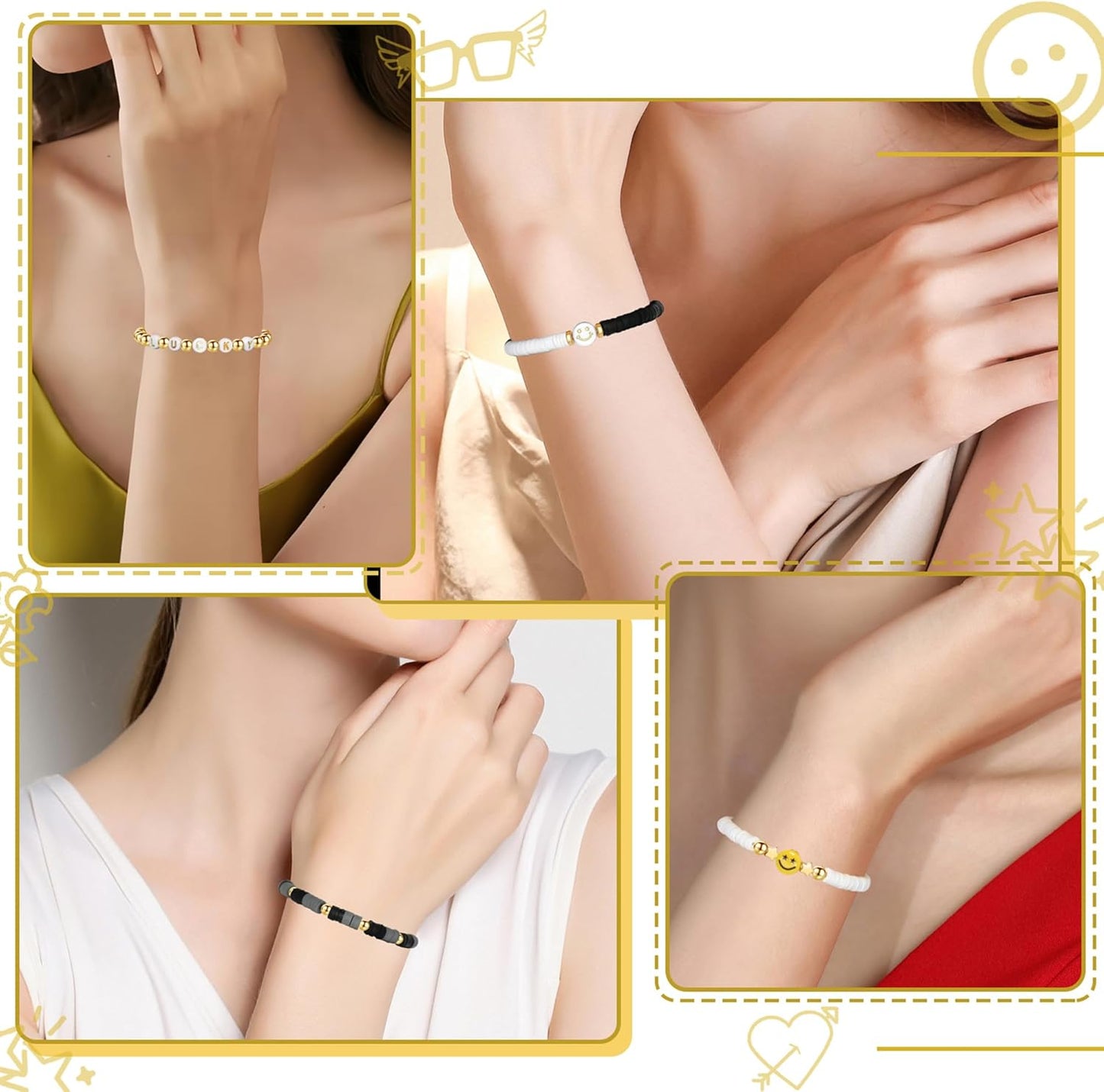 Preppy Bracelets Set Colorful White Gold Smile Heart Star Polymer Beaded Pearl Clay Stackable Charm Y2K Kidcore Aesthetic Summer Beach Bohemian Stretch Layering Bracelets Jewelry for Girls Women Teens