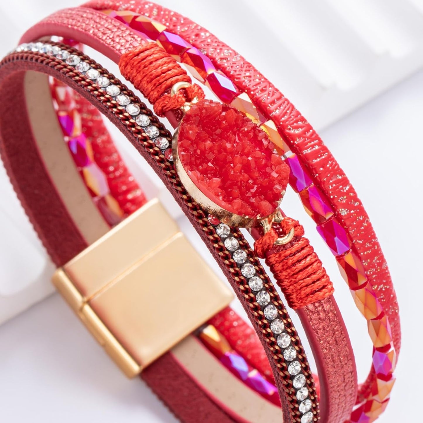 FANCY SHINY Leather Wrap Bracelet Boho Cuff Bangle Bracelets Crystal Bead Bracelet with Magnetic Clasp Jewelry Gifts for Women