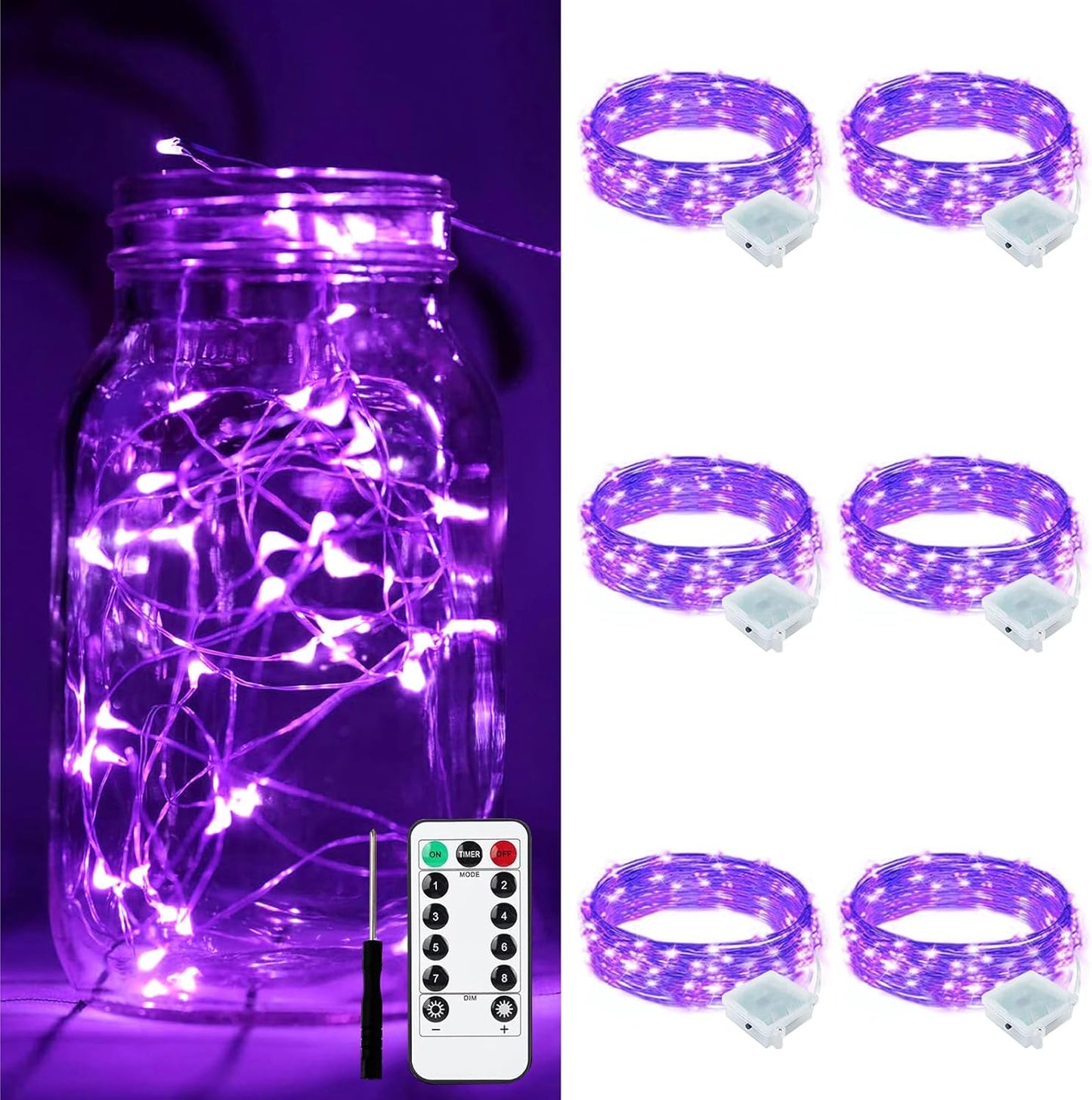 ZGWJ 6 Pack Fairy Lights Battery Operated with Remote, 7ft 20 LED Mini Fairy String Lights with Timer 8 Lighting Modes Waterproof for Halloween Christmas Tree DIY, Parties, Bedroom Decorations Purple