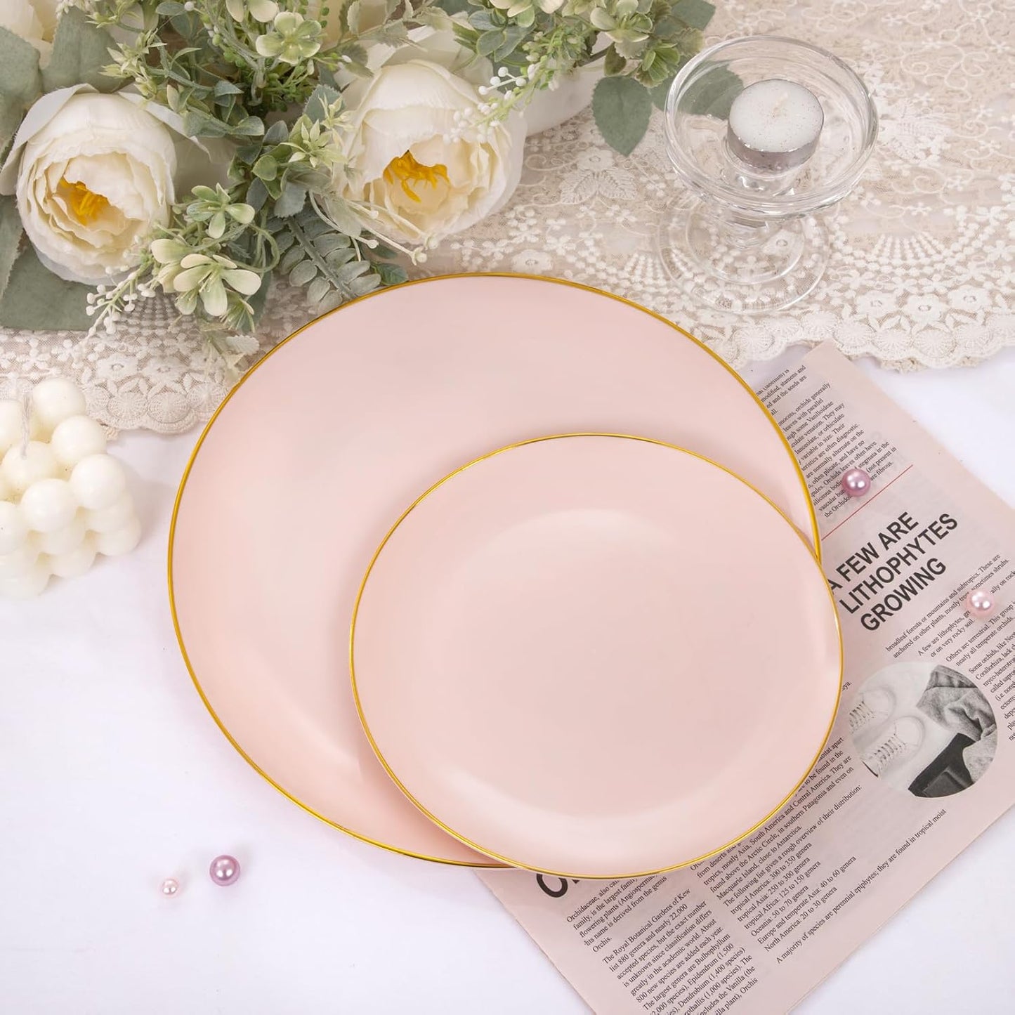 PULOTE 100PCS Pink Plastic Plates - Heavy Duty Pink and Gold Disposable Plates for Party, Wedding & Mother’s Day, Include 50 Dinner Plates and 50 Dessert Plates