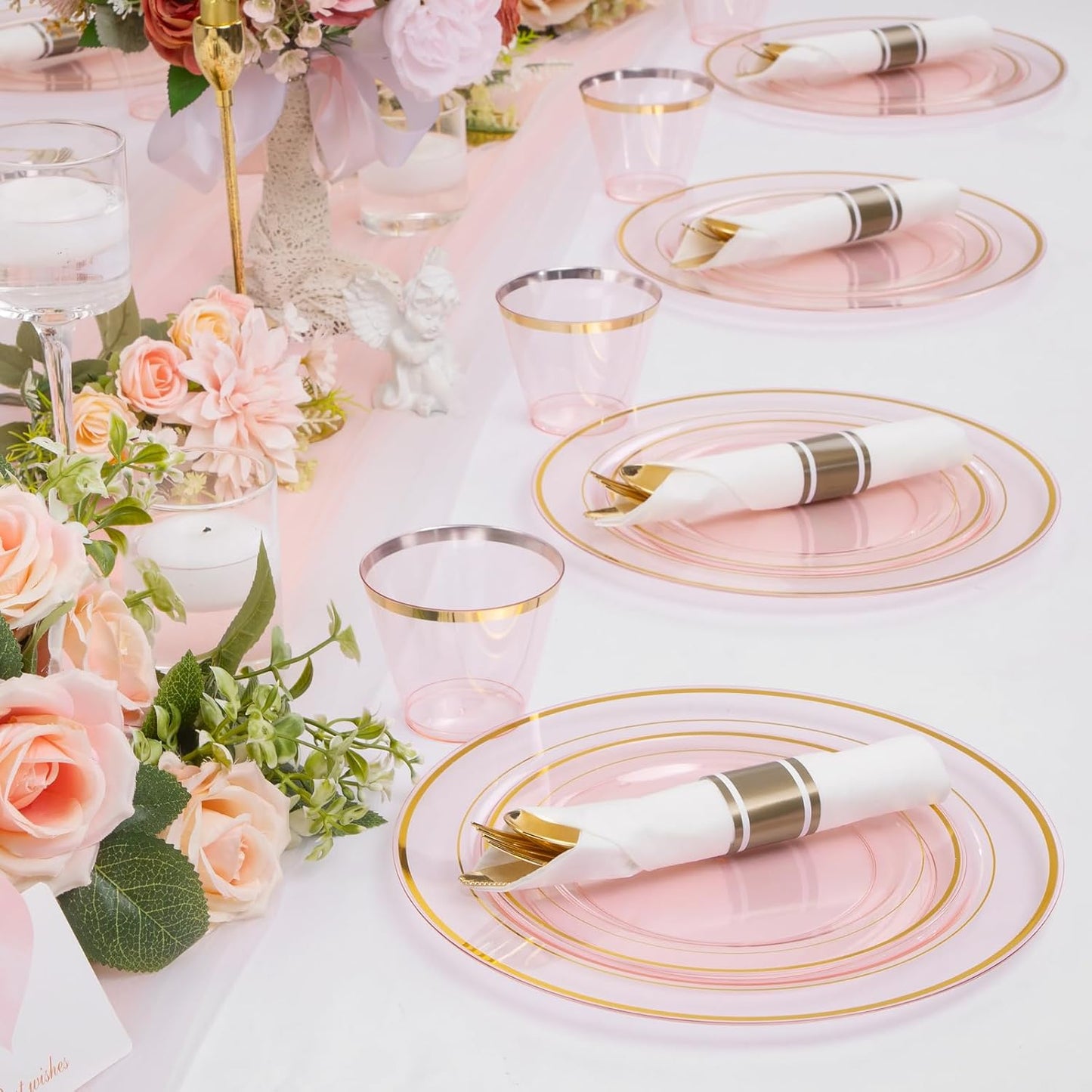 WELLIFE 350Pcs Clear-Pink Plastic Dinnerware- Pink and Gold Plastic Dinnerware include 50 Dinner Plates, 50 Dessert Plates, 150 Gold Silverware, 50 Cups and 50 Napkins Perfect for Parties