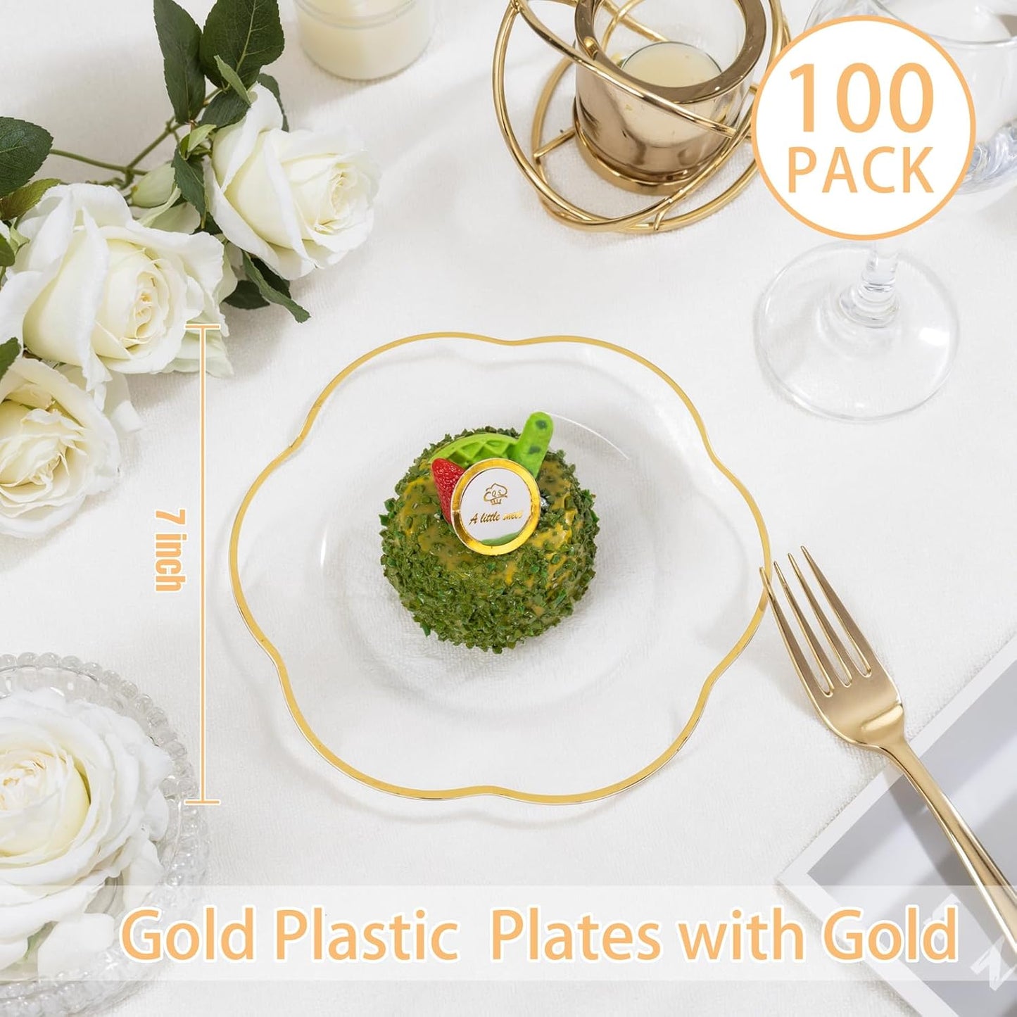 Liacere 100PCS Clear Plastic Plates-7inch Disposable Floral Clear and Gold Appetizer Cake Small Plates - Perfect for Wedding & Party & Holiday & Floral &Baby Show & Fall & Thanksgiving