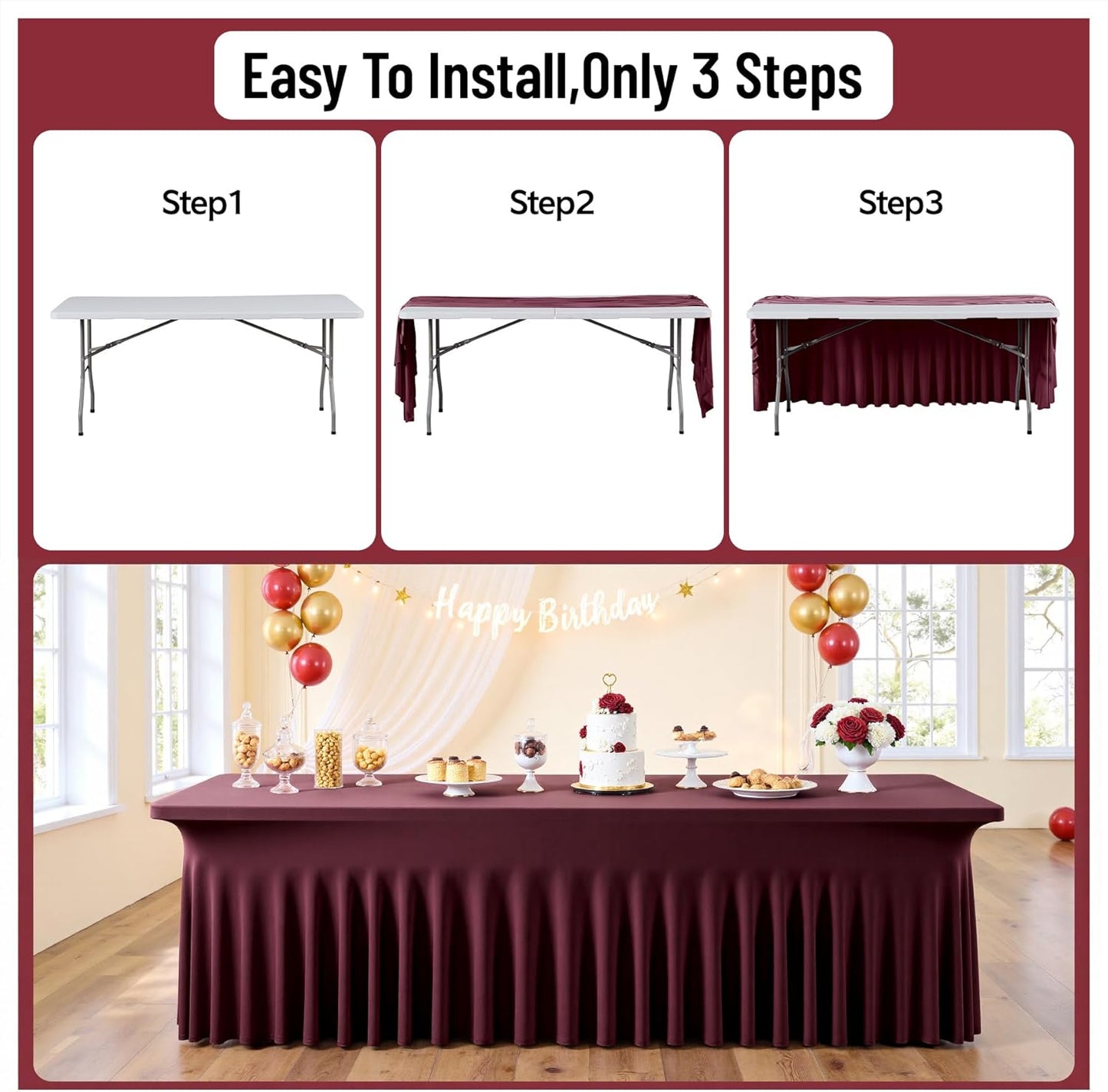 leegleri 6 Pack Burgundy Spandex Table Clothes for 6 Foot Rectangle Tables, Wrinkle Free Fitted Table Cloth 6ft Stretch Tablecloths for Parties Weddings Birthday Banquet Baby Shower
