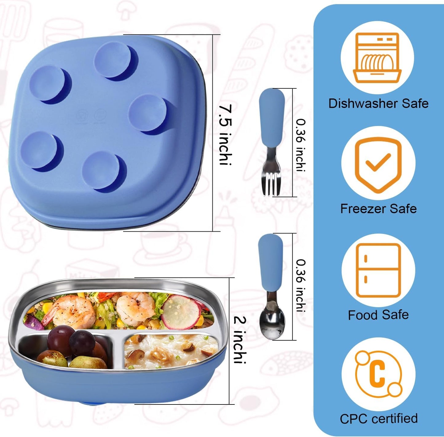 2 Pack Stainless Steel Kids Plates with Suction | 7.68" Spill-Proof High-Rim | 2 Spoons & Removable Sleeves | Microwave/Dishwasher Safe | BPA-Free, Non-Slip, Unbreakable Toddler Plates (‌Blue)