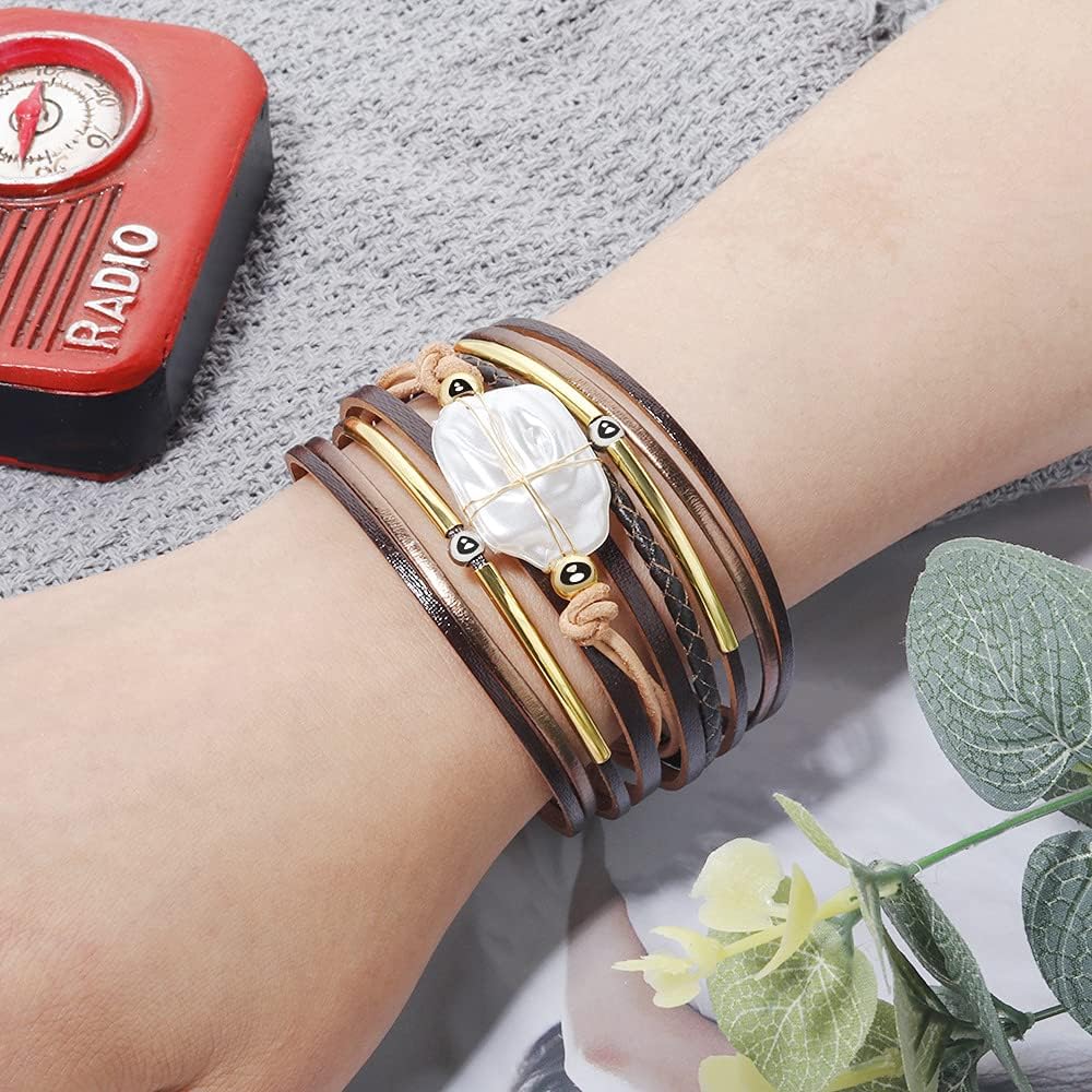 Fesciory Leopard Bracelet for Women, Boho Leather Wrap Multi-Layer Pearl Crystal Bracelet Bangle Jewelry