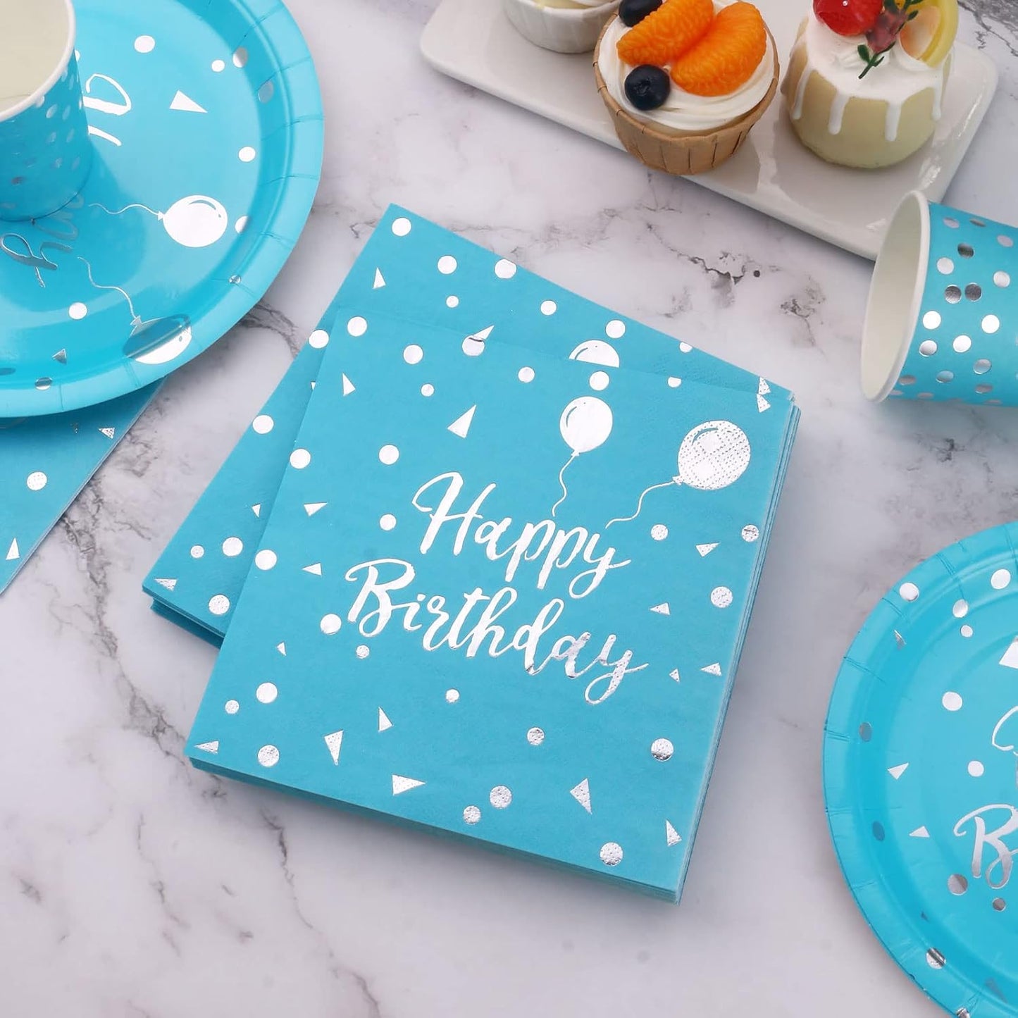 Light Blue Birthday Decorations - Light Blue Birthday Plates and Napkins Party Supplies Sever 25 Guest - Light Blue and Silver Paper Plates for Happy Birthday Party Decorations