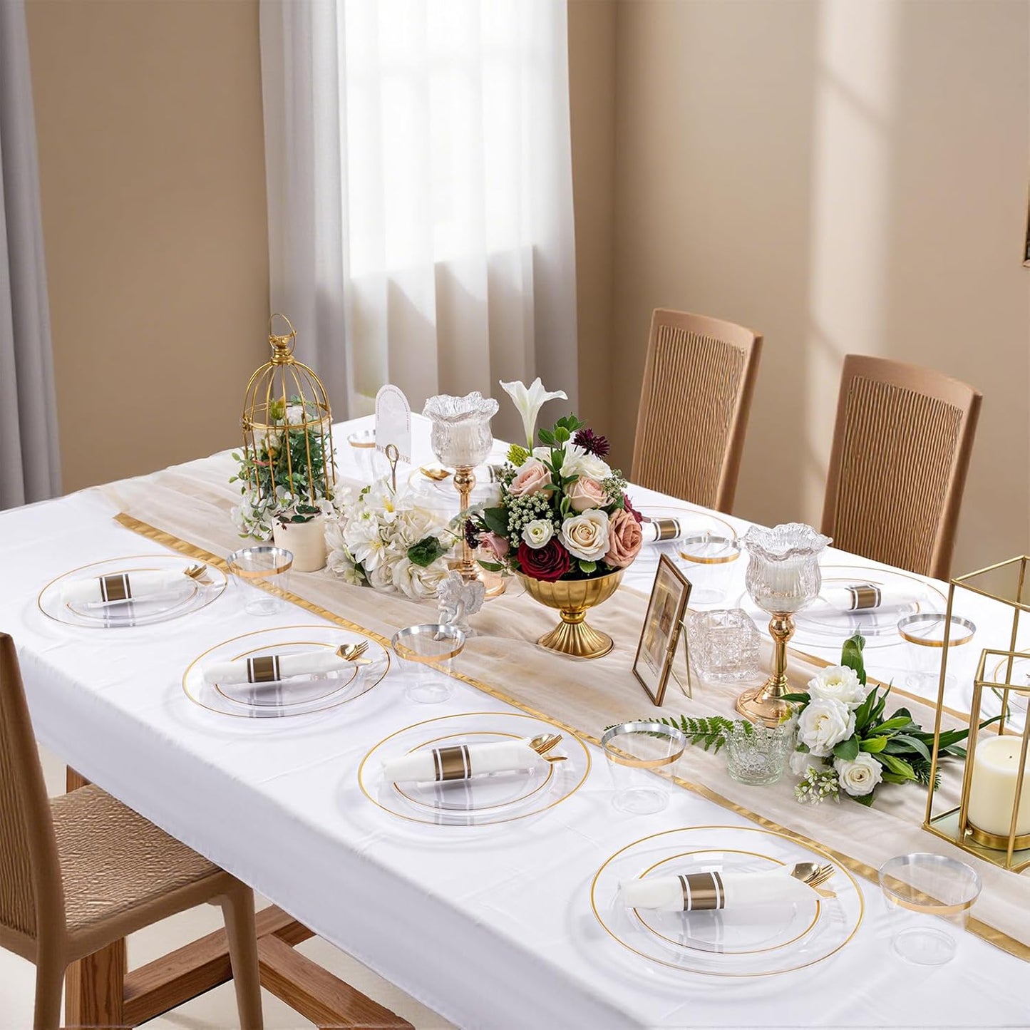 SUT 175 Pcs Gold and Clear Plastic Dinnerware Set for 25 Guests, Include: 25 Dinner Plates, 25 Dessert Plates, 25 Pre Rolled Napkins With Silverware, 25 Cups, Disposable Plates for Party, Wedding