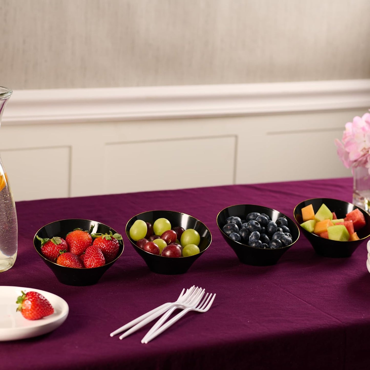 PLASTICPRO Angled Plastic Bowls Disposable Small Plastic Black Serving Bowls with Gold Rim for Party for Appetizer Salads Pack of 8