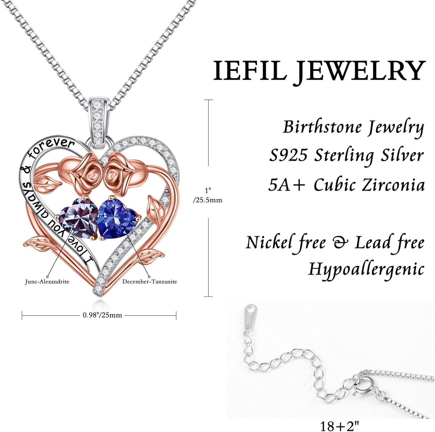 Iefil Rose Heart Double Birthstone Necklace Gifts for Wife Her Mom Women, Birthstone Jewelry Gemstone Birthday Gifts for Girlfriend Grandma Her Wife Women