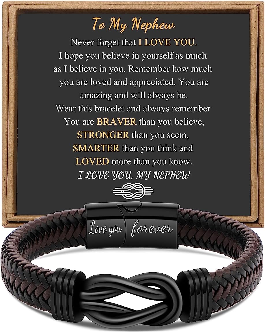Gift for Men Infinity Bracelet for Men Dad Husband Boyfriend Son Grandson Brother Nephew Uncle Brown Braided Leather Forever Linked Together Stainless Steel Engraved with Love You Forever Jewelry 7.5|8.5|9 Inches
