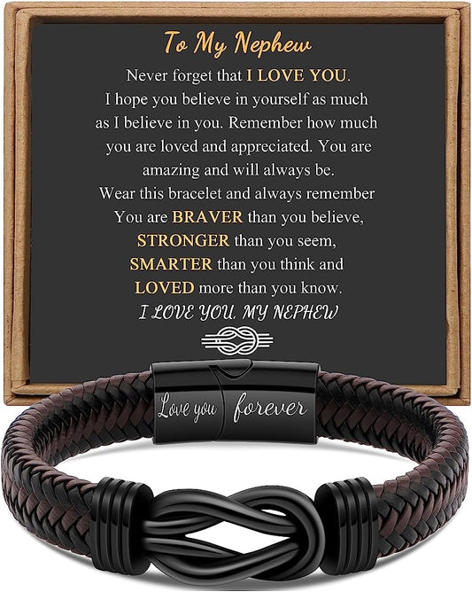 Gift for Men Infinity Bracelet for Men Dad Husband Boyfriend Son Grandson Brother Nephew Uncle Brown Braided Leather Forever Linked Together Stainless Steel Engraved with Love You Forever Jewelry 7.5|8.5|9 Inches