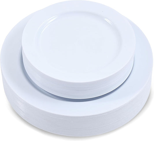 60 Pieces White Plastic Disposable Plates - Premium Heavy-Duty 30 Dinner Plates & 30 Salad Plates with White Rim Ideal for Party, Birthday and Special Events
