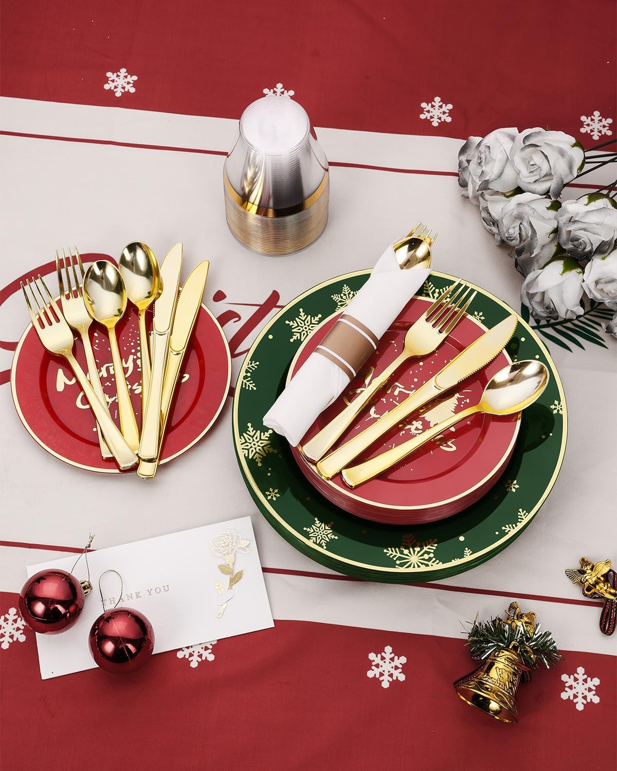 Goodluck 350 Piece Christmas Plates Sets for 50 Guests, Christmas Tableware Disposable for Party, Include 100Plates, 50Pack Pre Rolled Napkins with Silverware, 50Cups for Party, Wedding, Graduation
