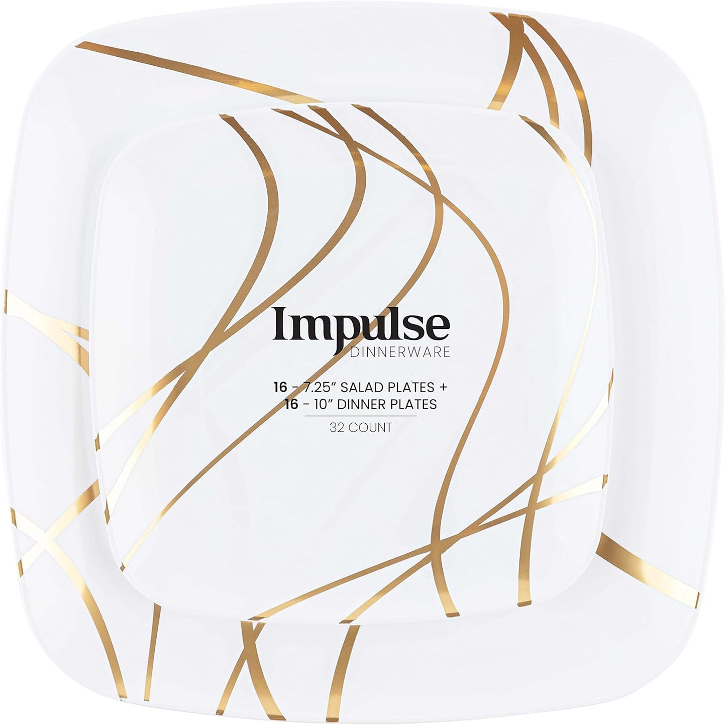 PLASTICPRO Square 64 Piece Combo Plates Set includes 32 x 7'' inch Salad Plates & 32 x 10'' inch Dinner Plates White Plastic with Gold Impulse Design Party Plates, Elegant, Tableware,