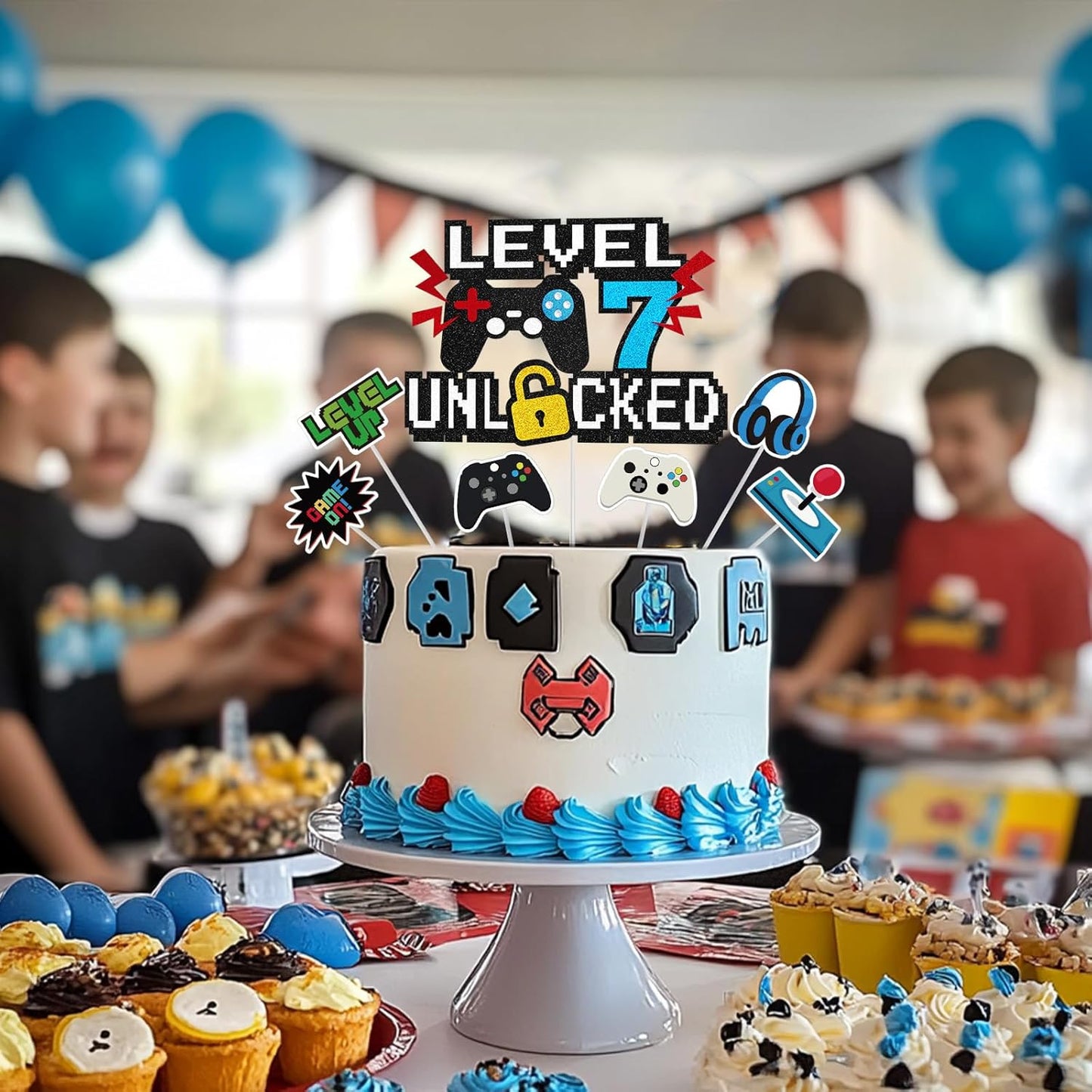 Video Game Cake Topper, Level 7 Unlocked Cake Toppers, Happy 7th Birthday Game Party Decorations for Boys Girls, Video Game Controller Themed Birthday Party Supplies for Game Fans, Kids and Men