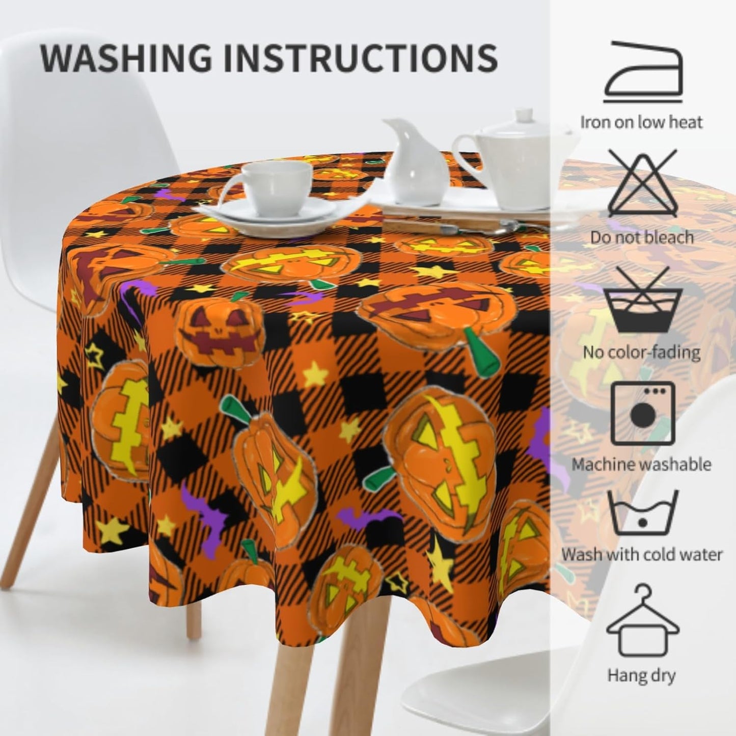 Giwawa Happy Halloween Round Tablecloth 60 Inch Spooky Pumpkins Bats Checkered Circle Table Cover Orange Black Buffalo Plaids Table Cloth Washable Polyester for Dining Kitchen Party Holiday Decor
