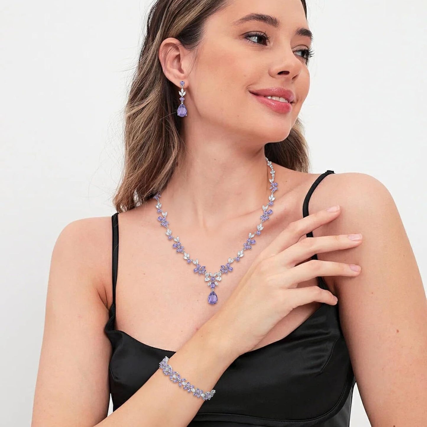 Crysdue Wedding Jewelry Set for Women, Floral Leaf Vine Teardrop Necklace Dangle Earrings Bracelet and Hair Comb, Cubic Zirconia Elegant Party Prom Jewellery for Bridal Bridesmaid