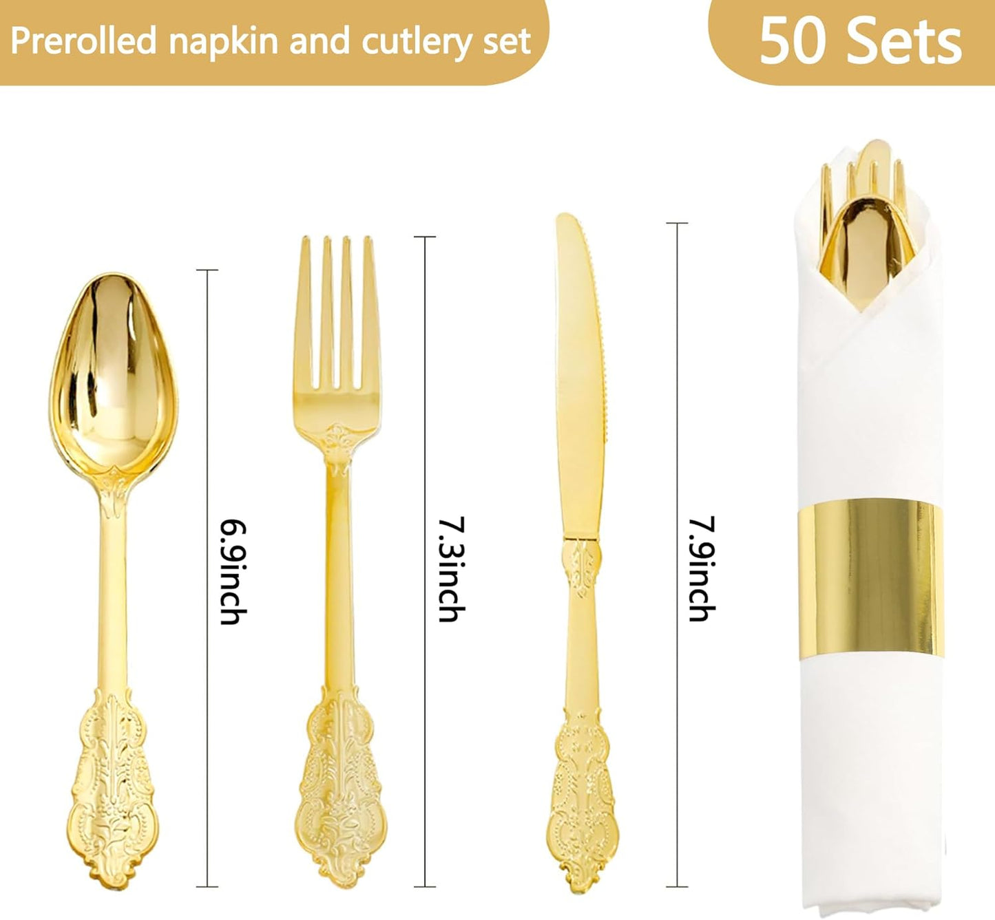 50 Pack Pre Rolled Gold Plastic Silverware Set,Fancy Wrapped Plastic Cutlery Set with Napkin Include 50 Forks,50 Spoons,50 Knives and 50 White Napkins for Party, Wedding