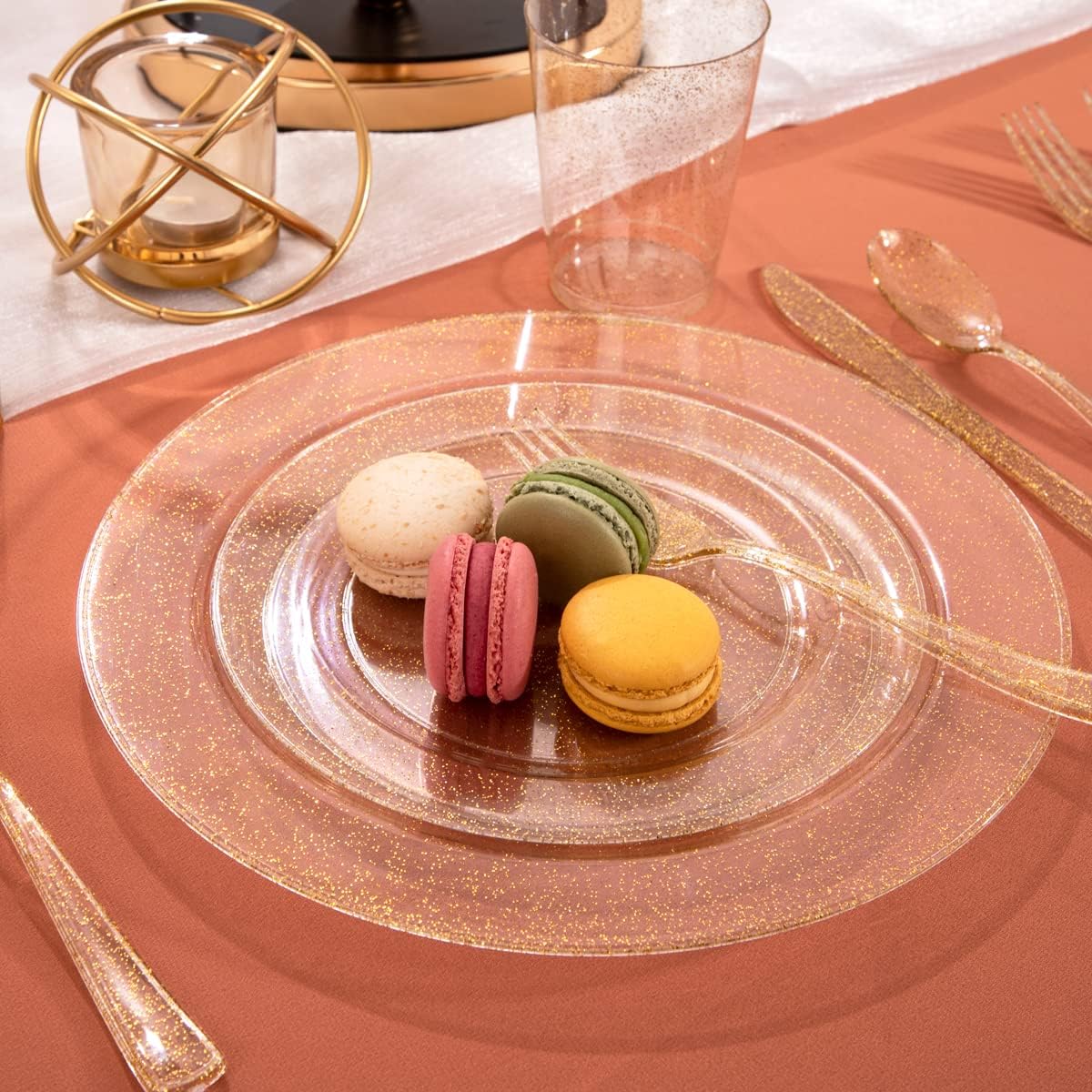 I00000 102PCS Gold Glitter Plastic Plates, Gold Glitter Disposable Plates Clear Plastic Party Plate Include 51 Dinner Plate 10.25" and 51 Dessert Plate 7.5" for Parties &Wedding