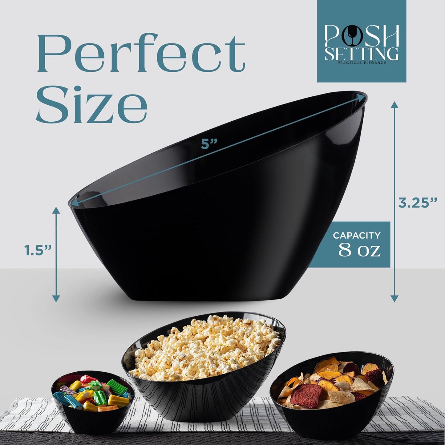 Posh Setting Black Plastic Serving Bowls Disposable - Angled Bowls - Angled Candy Bowl - Plastic Snacks & Chip Bowls for Parties - Black, Gold & Clear, White Serving Dishes, 8 OZ, 5 Pack