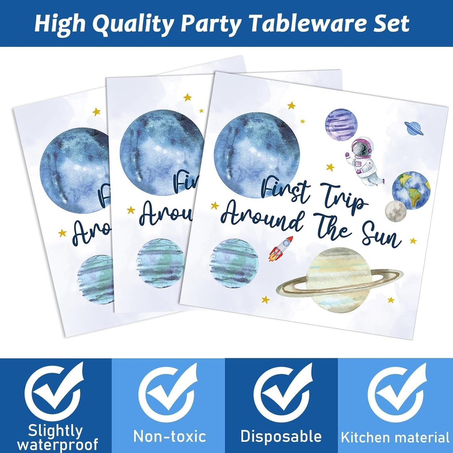 ZOIIWA 200 PCS First Trip Around the Sun Birthday Tableware Disposable 1st Space Party Supplies Outer Space Birthday Party Paper Plates Napkins Forks Baby Shower Decoration Serve 50 guest