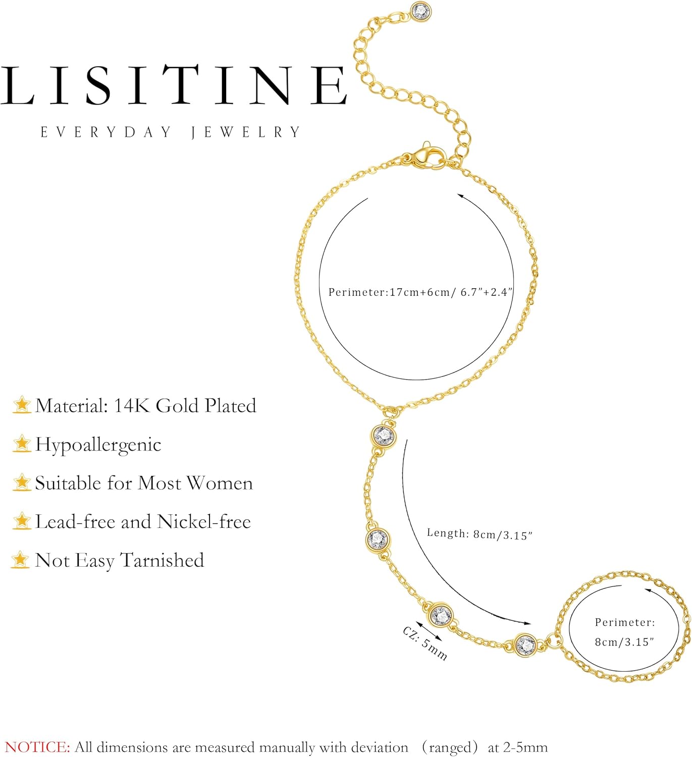 Listine Hand Chain Bracelet 14K Gold Plated Ring Bracelet Hand Chain Trendy Stuff for Women Dainty Hand Bracelets with Finger Ring Hand Jewelry for Women