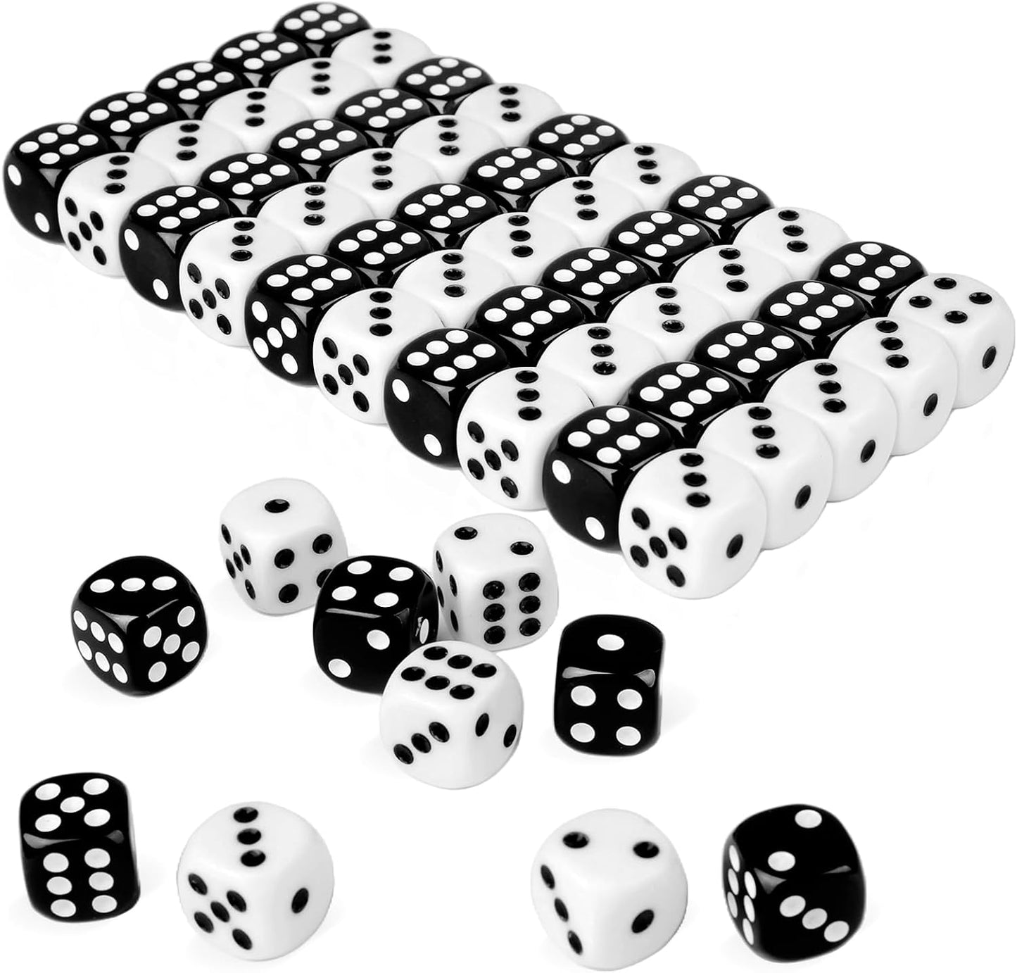 50 Pieces White Black Dice Set (16mm 6-Sided) - 25 White Dice and 25 Black Dice with Bold Pips for Board Games, Math Learning, Educational Activities, Family Game Nights
