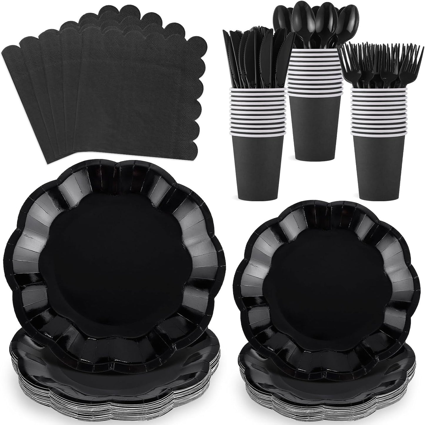 175 Pcs Black Plates and Napkins Set, 25 Guest Black Party Supplies Include Scalloped Plate Paper Napkin Cup Forks Knives Disposable Plastic Cutlery for Wedding New Year Birthday Holiday Party