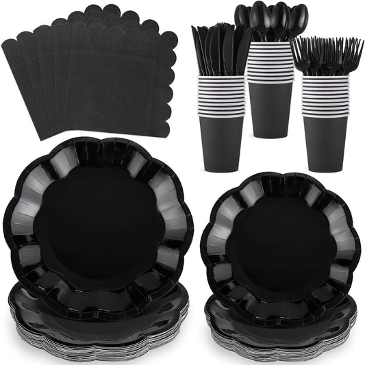 175 Pcs Black Plates and Napkins Set, 25 Guest Black Party Supplies Include Scalloped Plate Paper Napkin Cup Forks Knives Disposable Plastic Cutlery for Wedding New Year Birthday Holiday Party